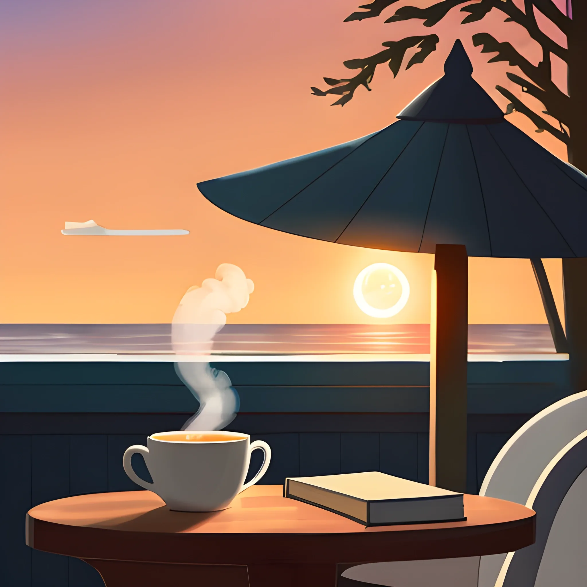 Book Blog Cover. A scene of two books and a steaming cup of warm coffee on a table at a seaside cafe bathed in the glow of sunset. And write "Book Witch" on right bottom corner.