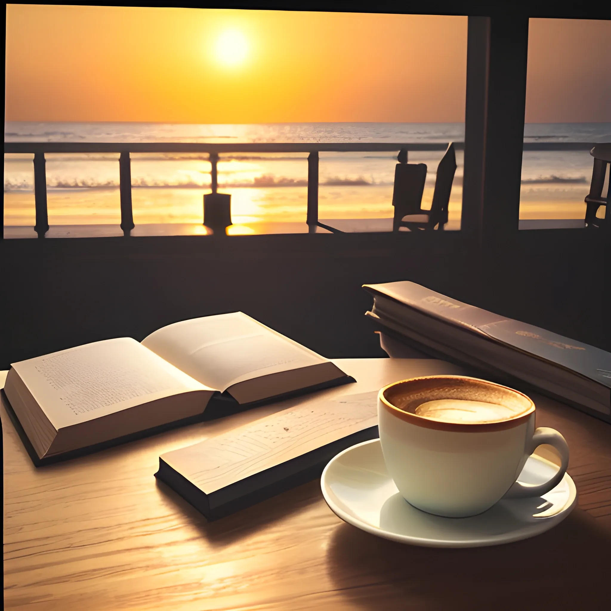Book Blog Cover. A scene of two books and a steaming cup of warm coffee on a table at a seaside cafe bathed in the glow of sunset. And write text "Book Witch" on right bottom corner.