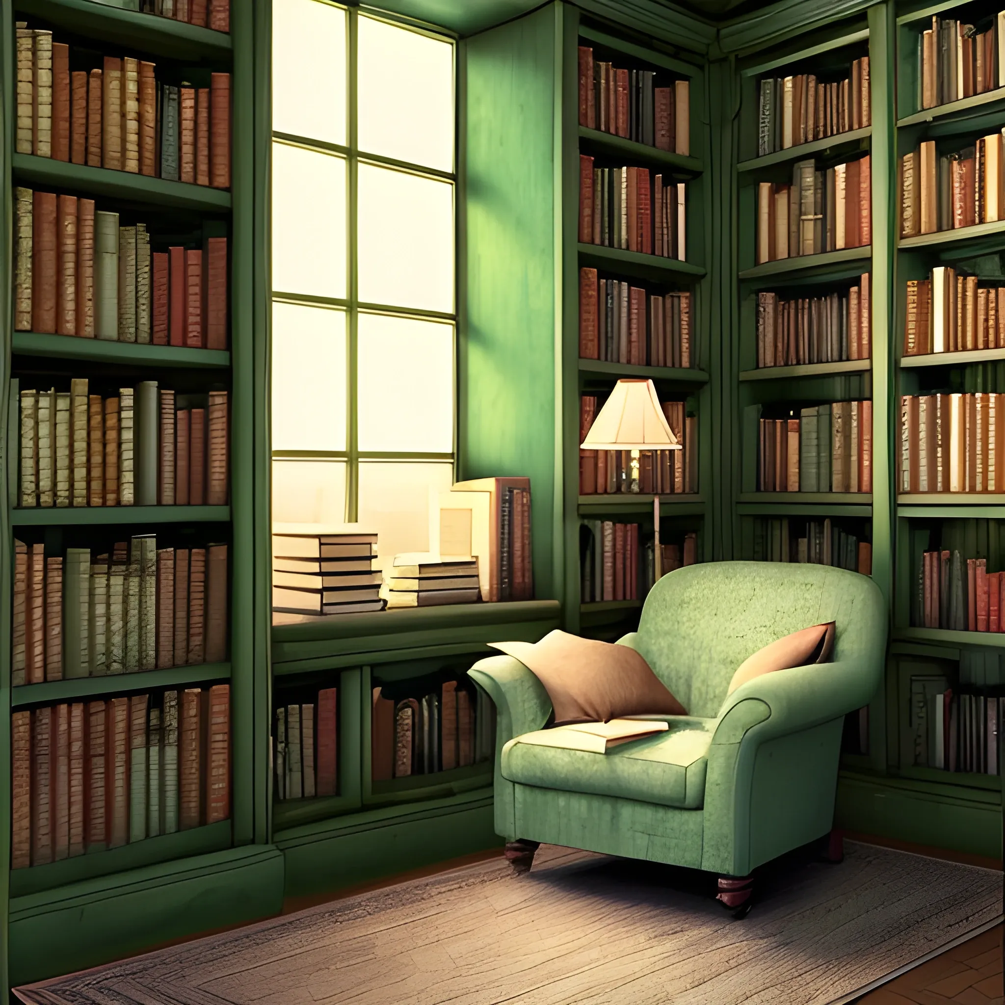 This is a background image for a reading blog. Create an image with a cozy library atmosphere filled with books
