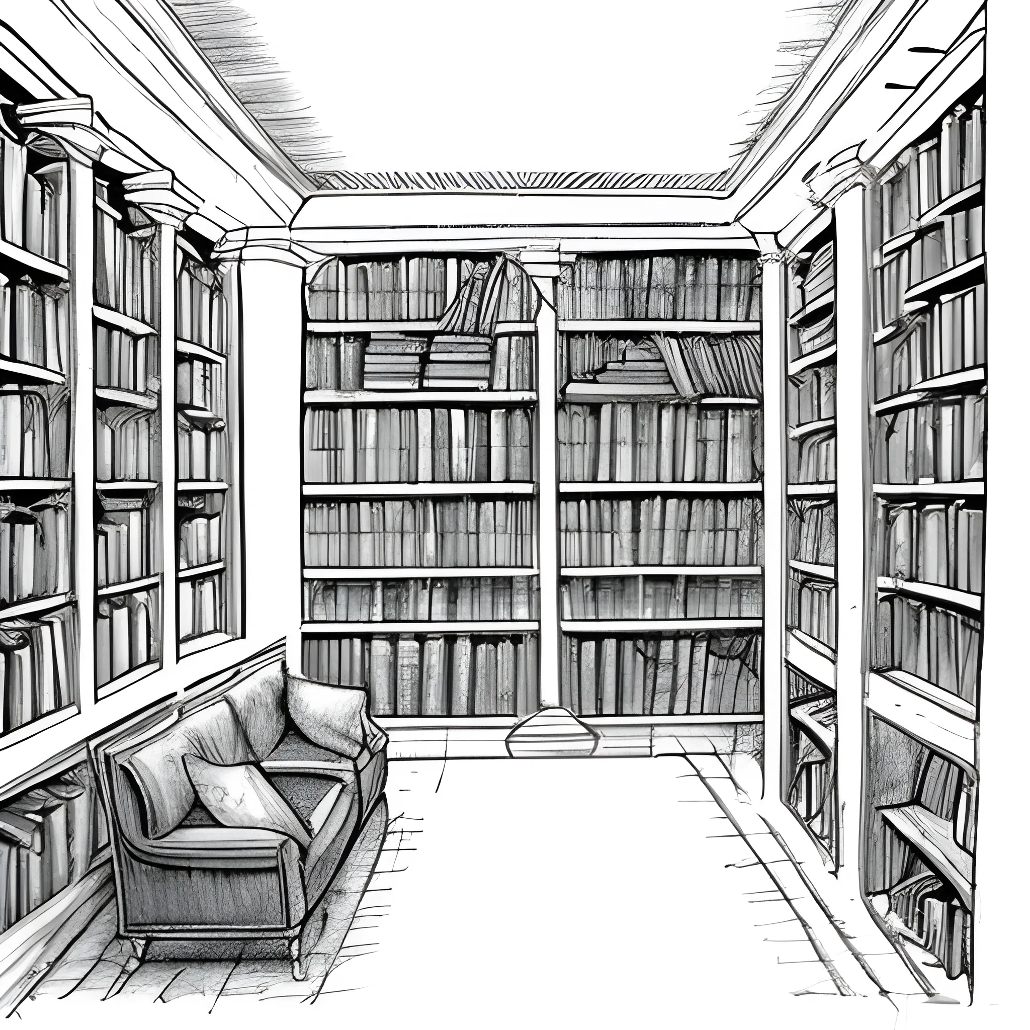 This is a background image for a reading blog. Create an image of a cozy library filled with books sketched in pencil.