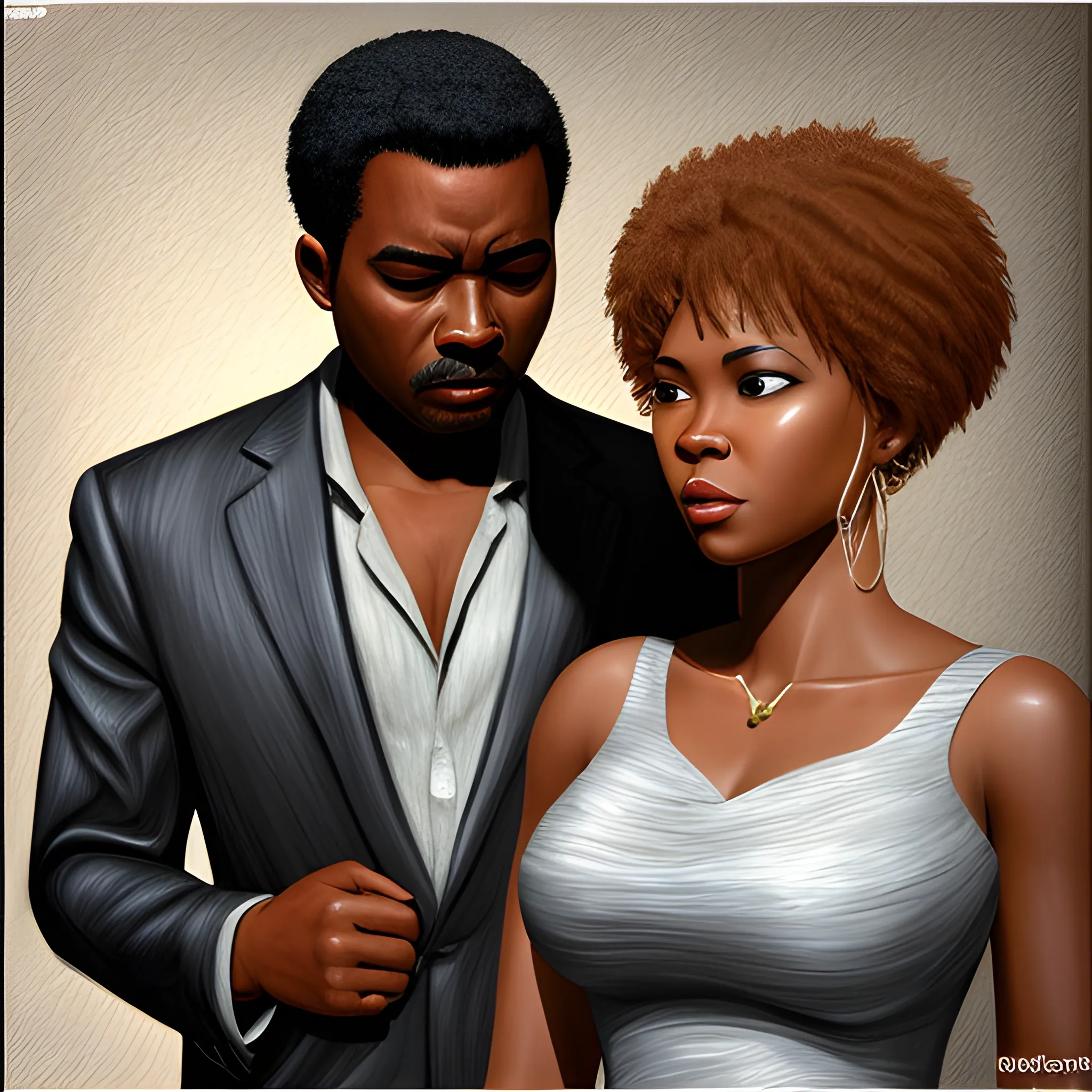 Beautiful african american woman mysterously inlove with african american detective , Pencil Sketch, 3D, , Cartoon, Oil Painting