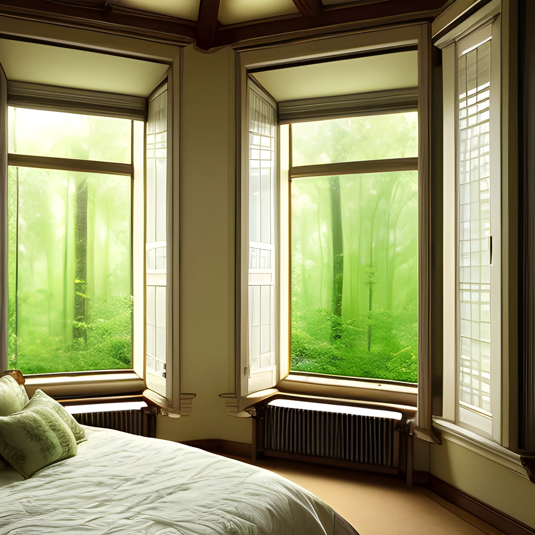 elegant and cozy bedroom with two-story windows, sunshine streaming in through the windows, view onto a lush forest, professional photography, Water Color, Trippy
