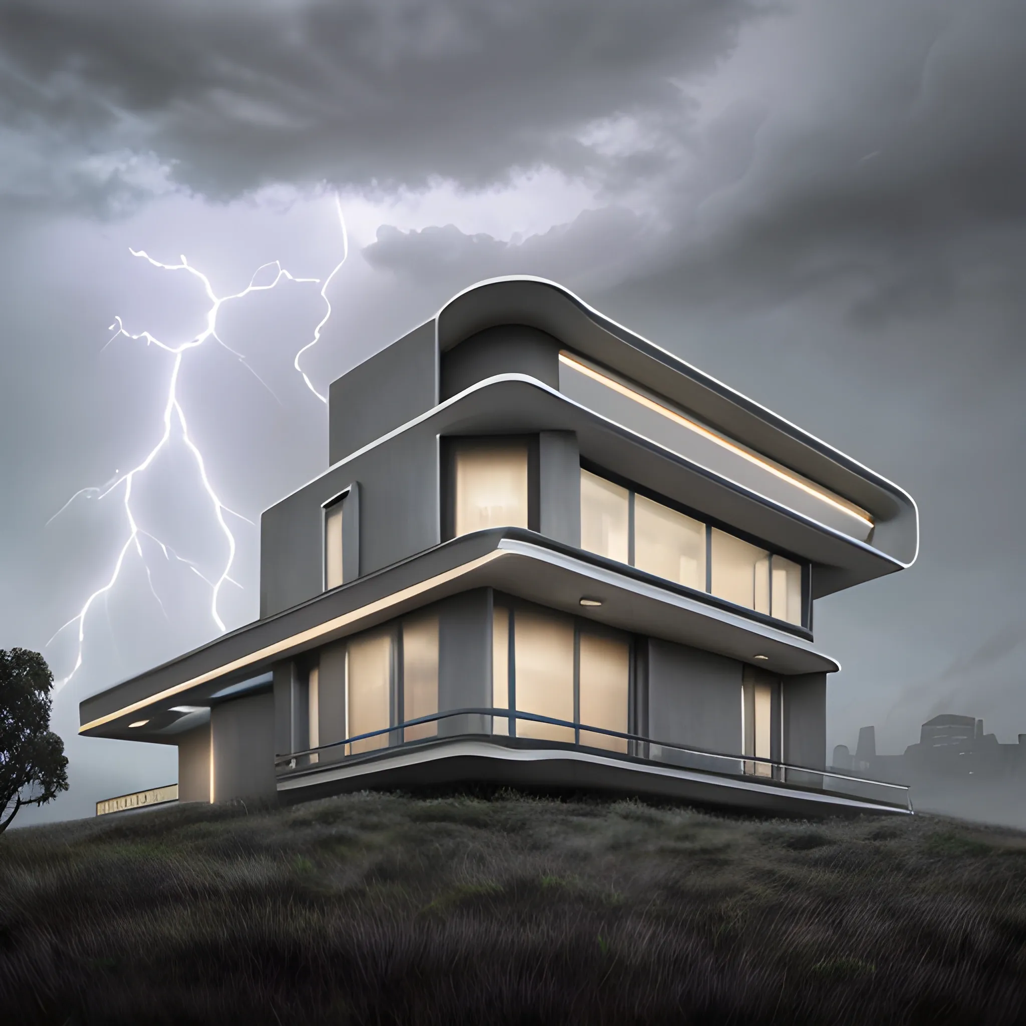 exterior view of modern futuristic haunted house architecture, on a hill with a view overlooking the city, lightning in grey skies, detailed luminescent oil painting 4 k 