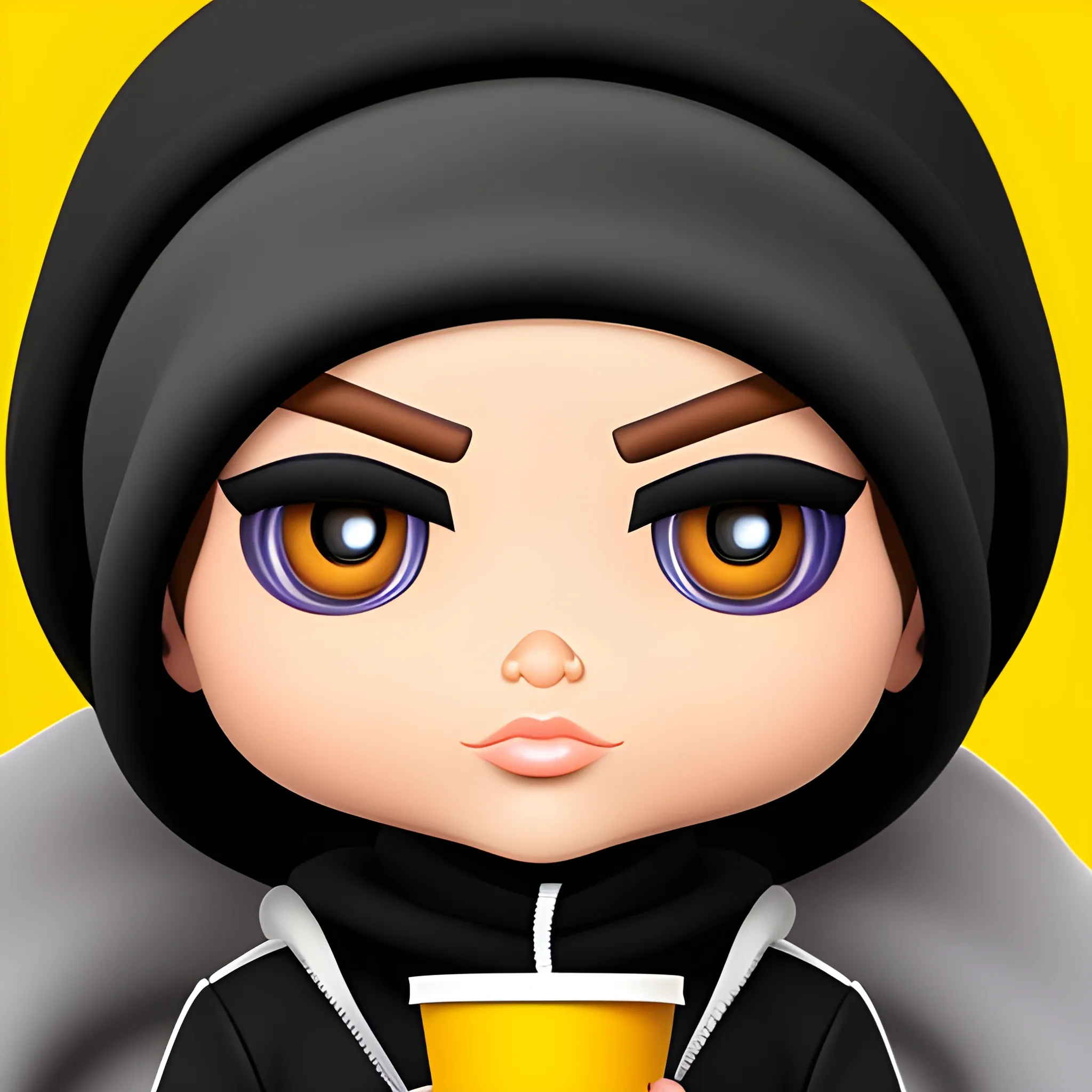 Imagine creating a Bratz-style male character. The character wears a black balaclava. In one hand, he holds a white cup, similar to those used in fast-food chains like McDonald's.
