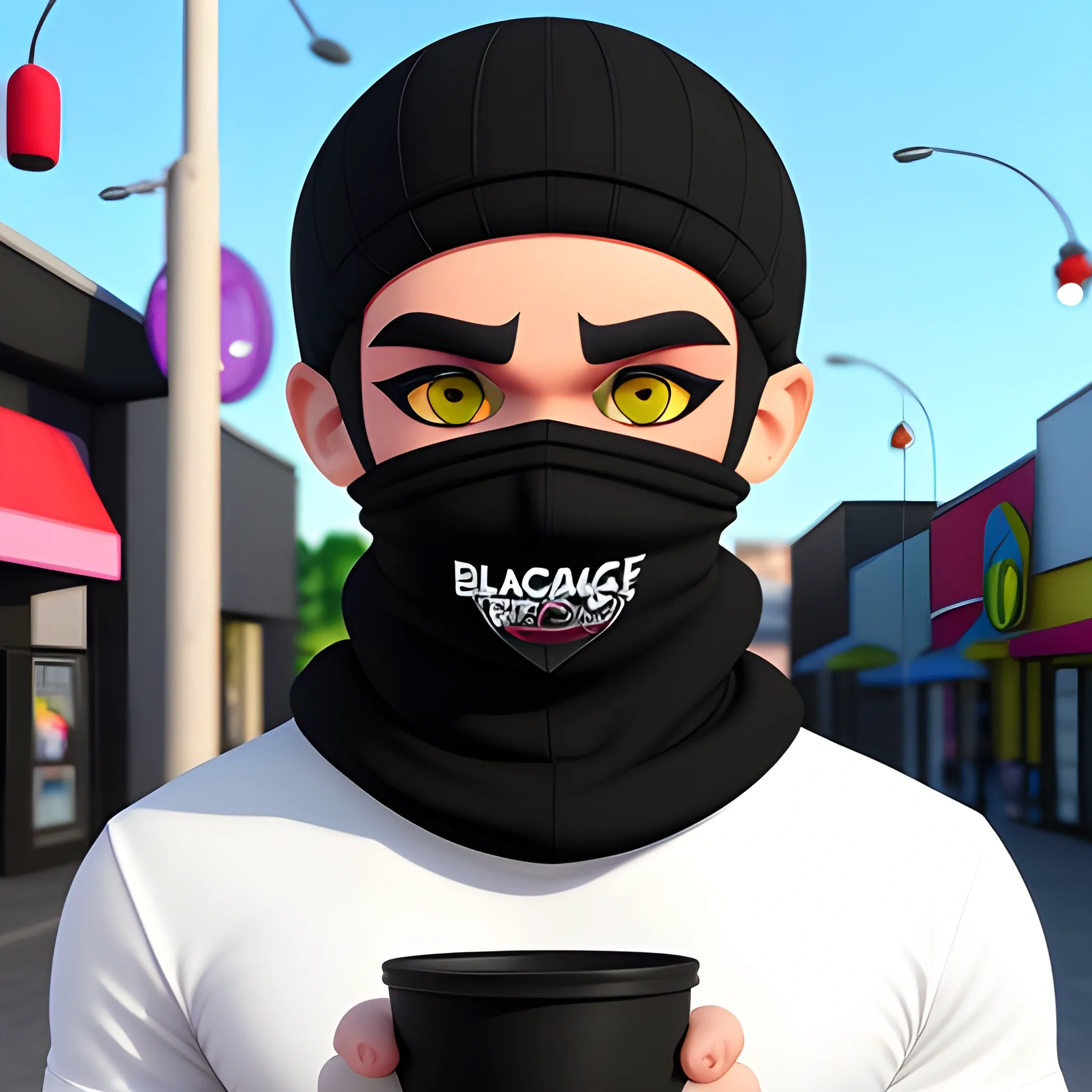 Imagine creating a Bratz-style male character. The character wears a black balaclava. In one hand, he holds a white cup, similar to those used in fast-food chains like McDonald's.
, 3D