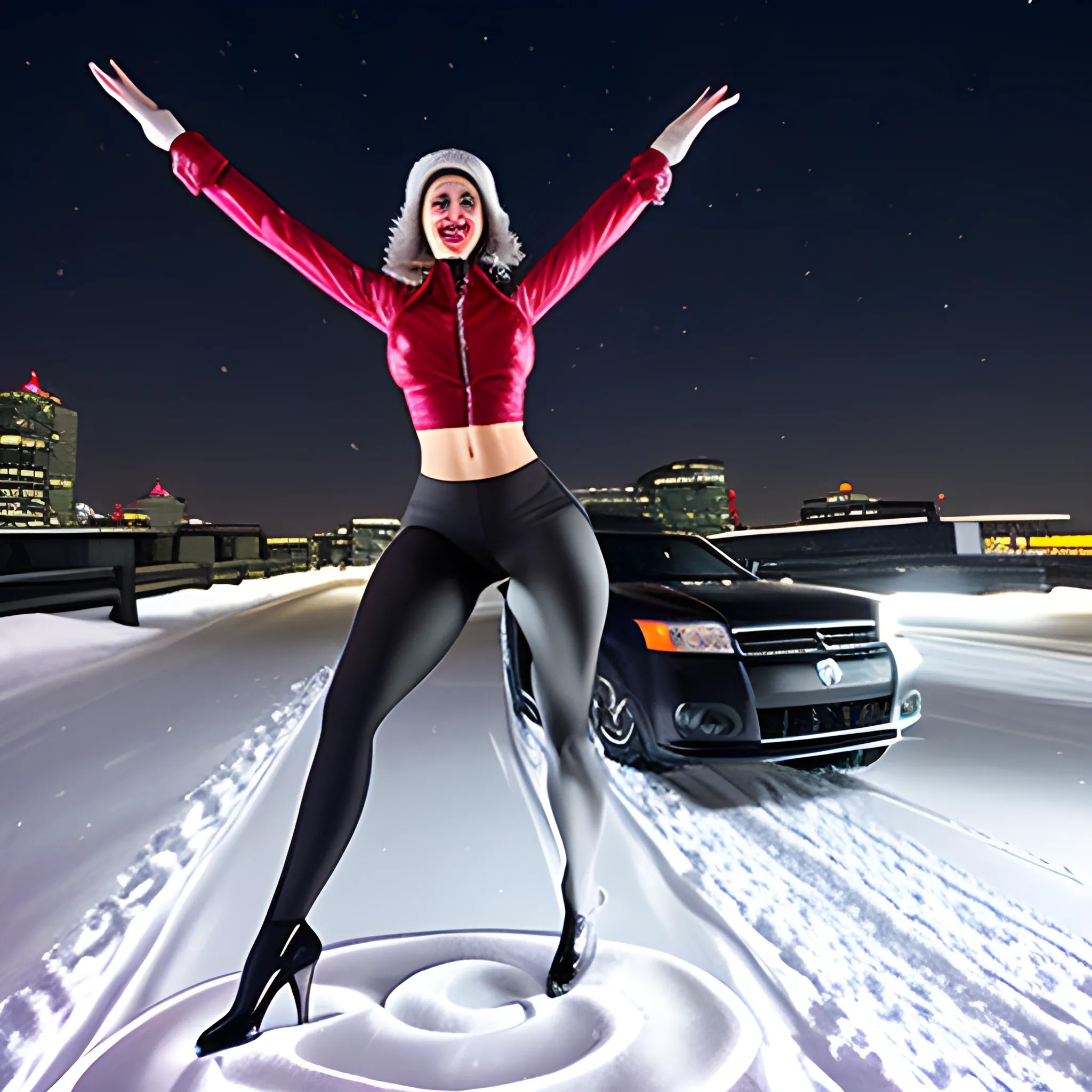 girl dancing on a roof of a car in the snow in the night