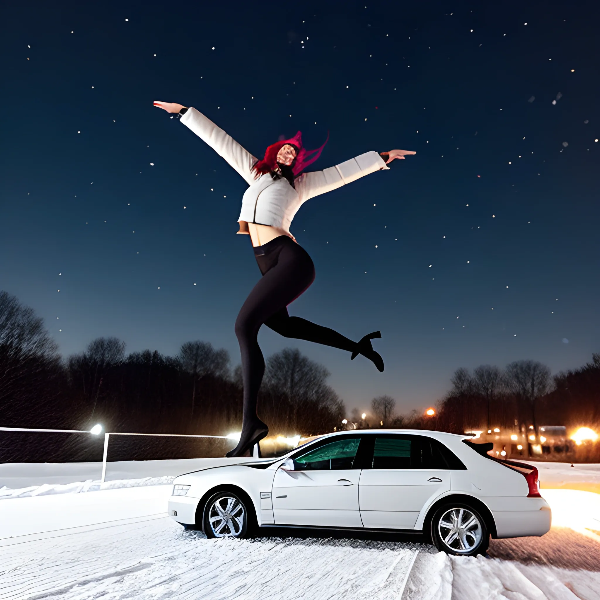 young girl dancing on a roof of a car in the snow in the night