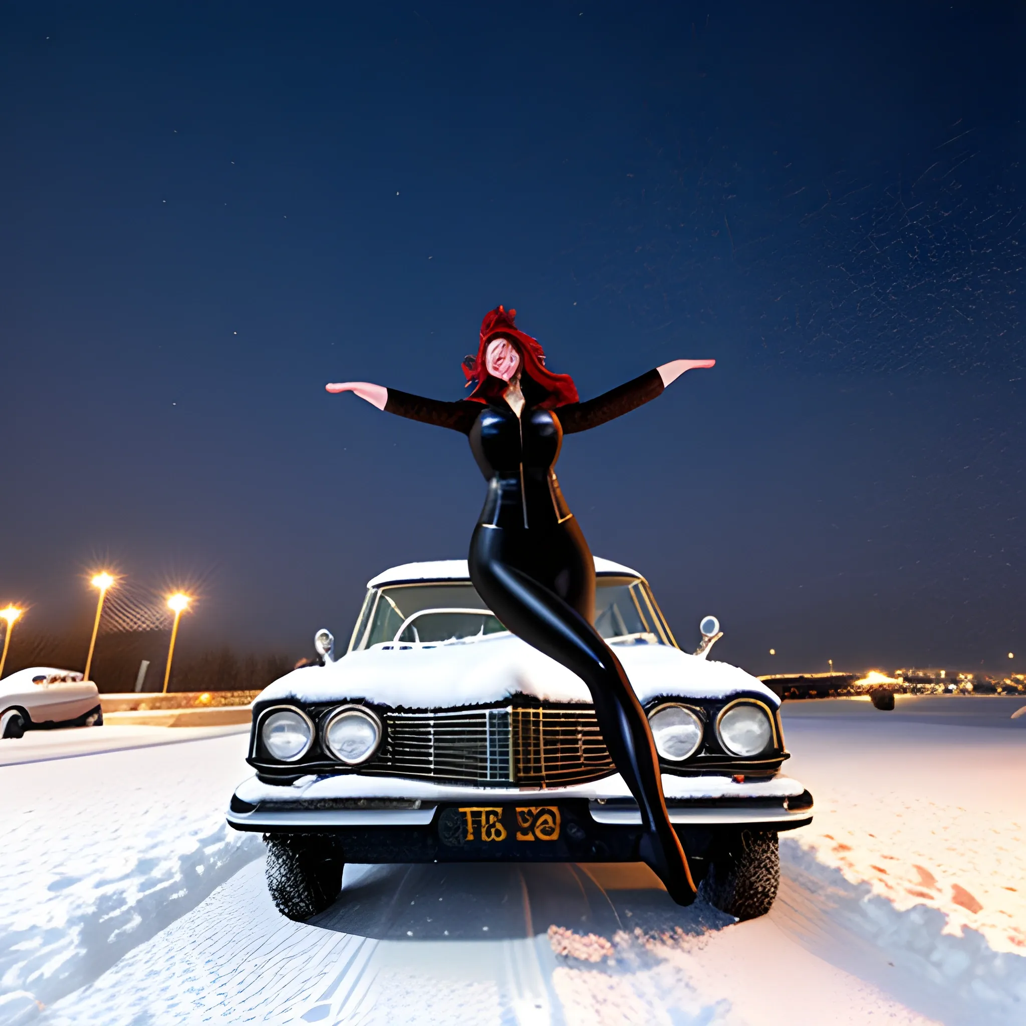 young girl dancing on a roof of an old  car in the snow in the night