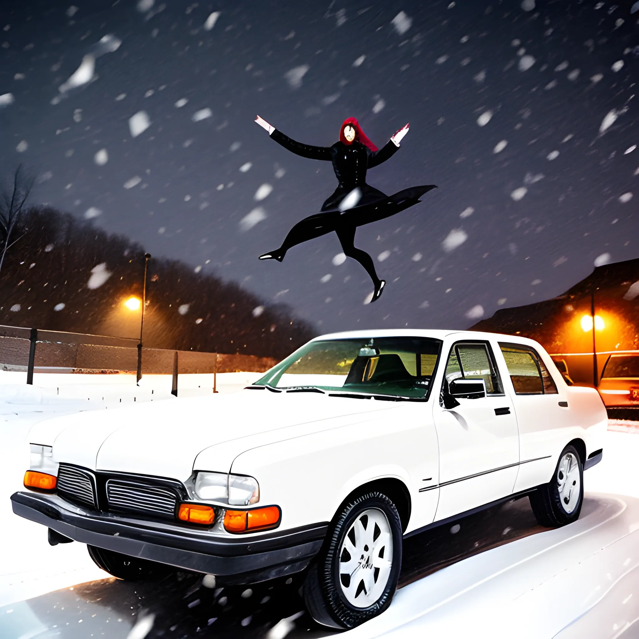 teenage girl dancing on a roof of an old  car in the snow in the night