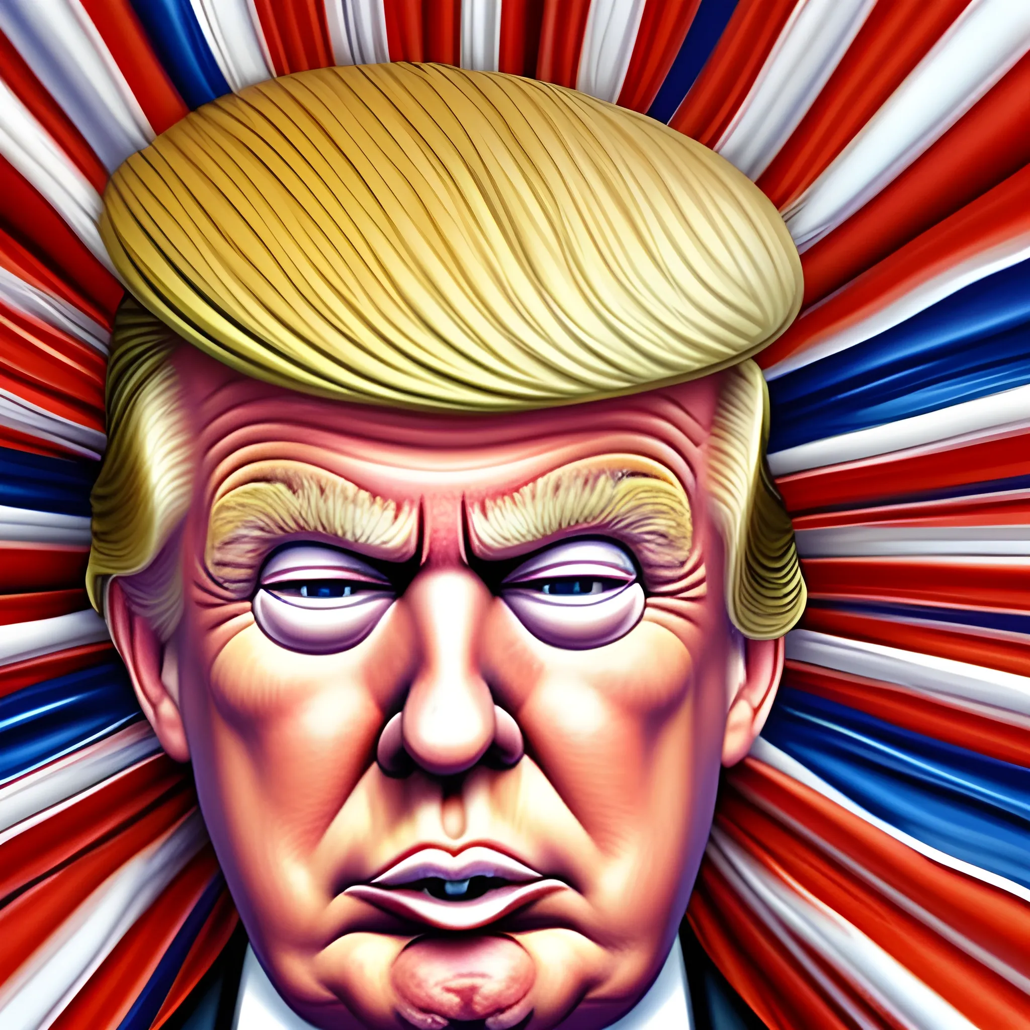 Donald Trump art in the style of grotesque caricatures, distorted perspective, close up, gigantic scale.