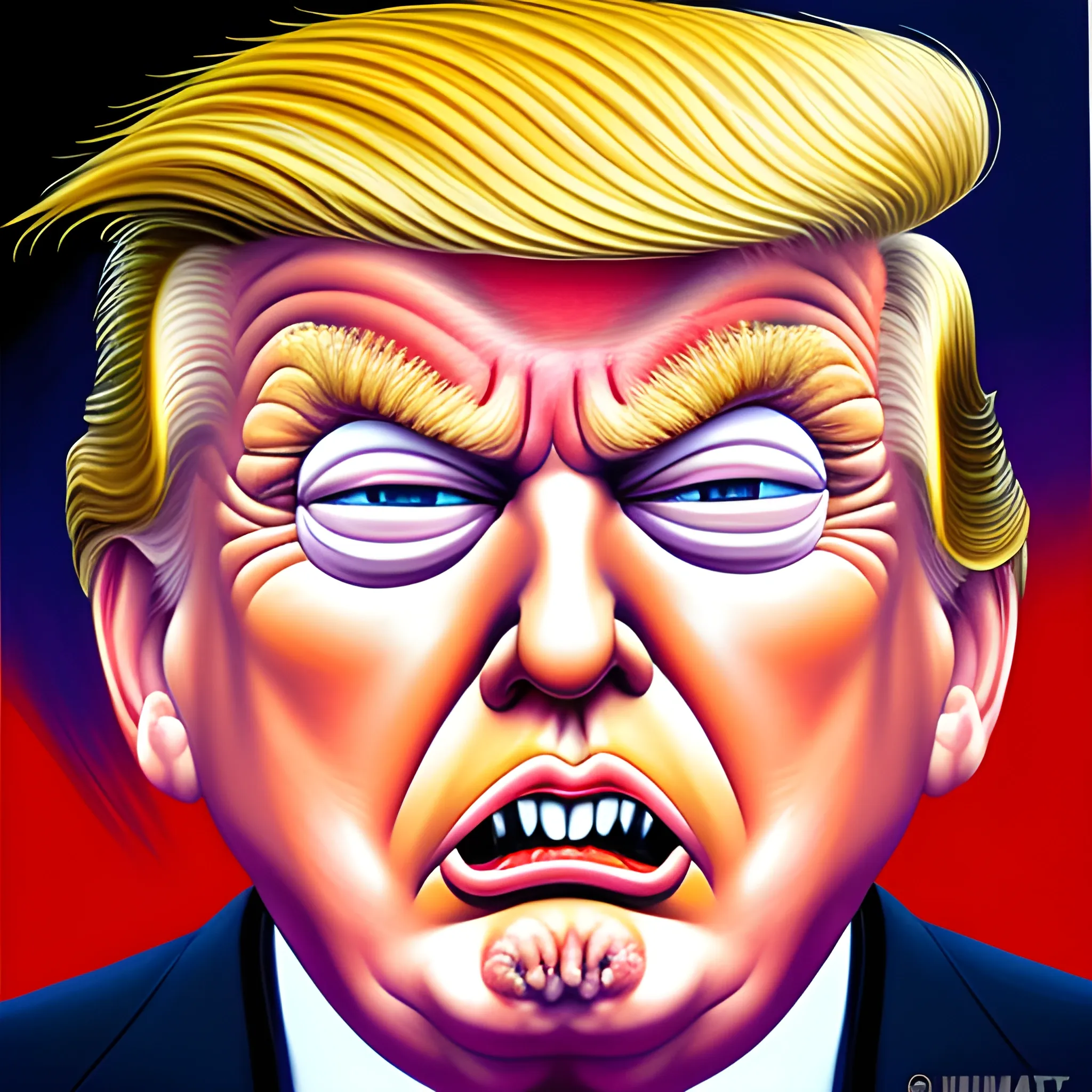 Donald Trump art in the style of grotesque caricatures, distorted perspective, close up, gigantic scale., Cartoon, Oil Painting