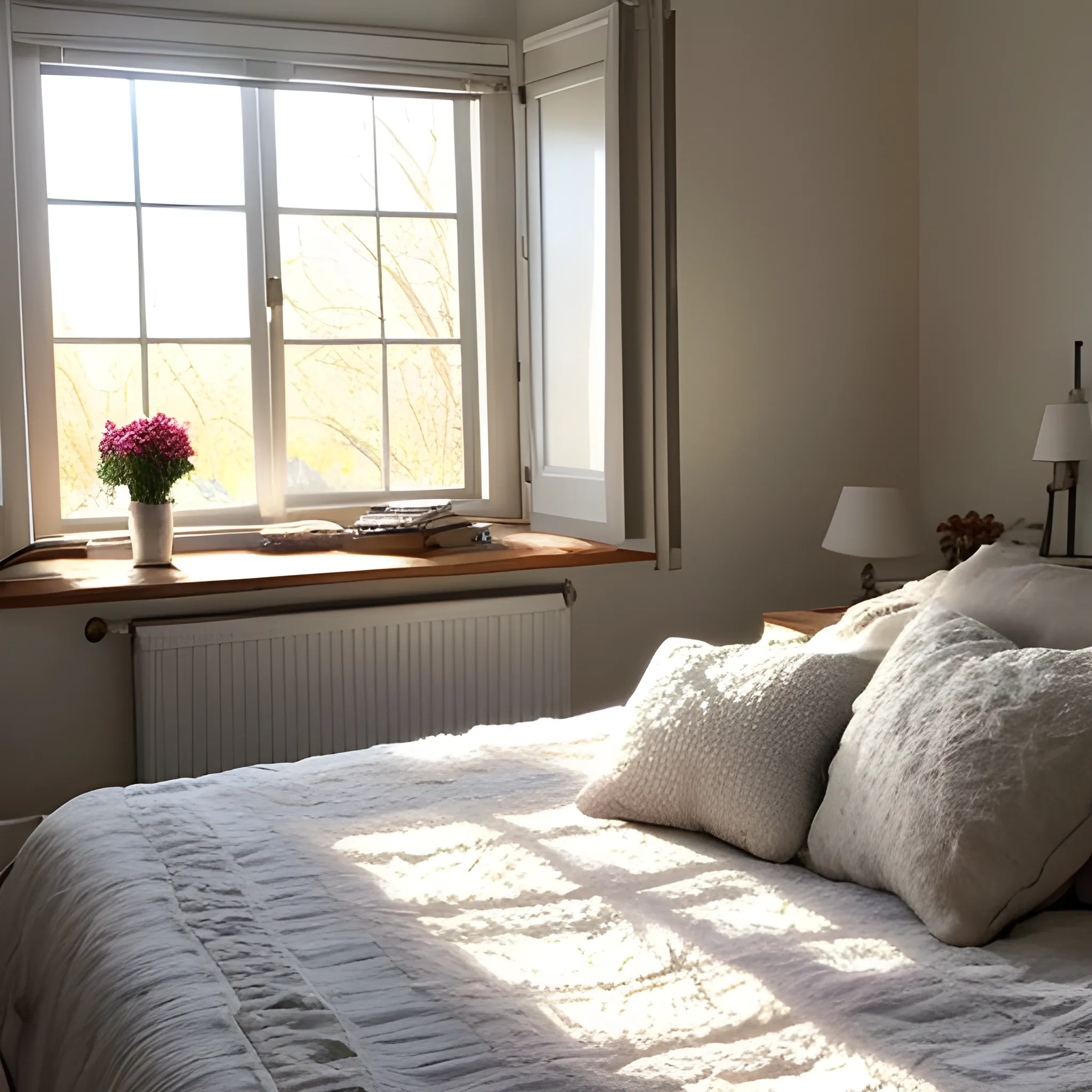 A cozy bedroom with sunlight coming in thru the window