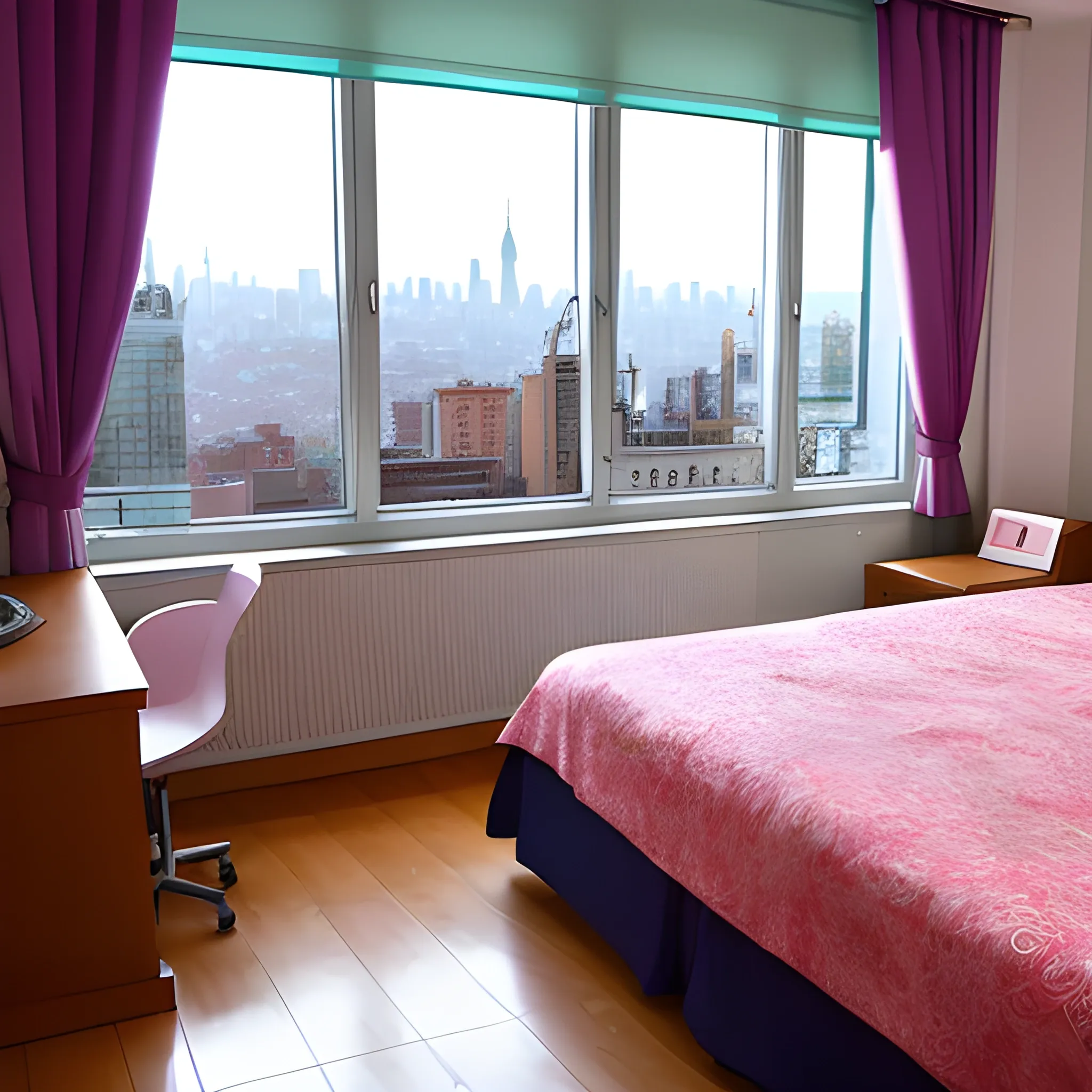 A nicely decorated bed room with the view of the city 