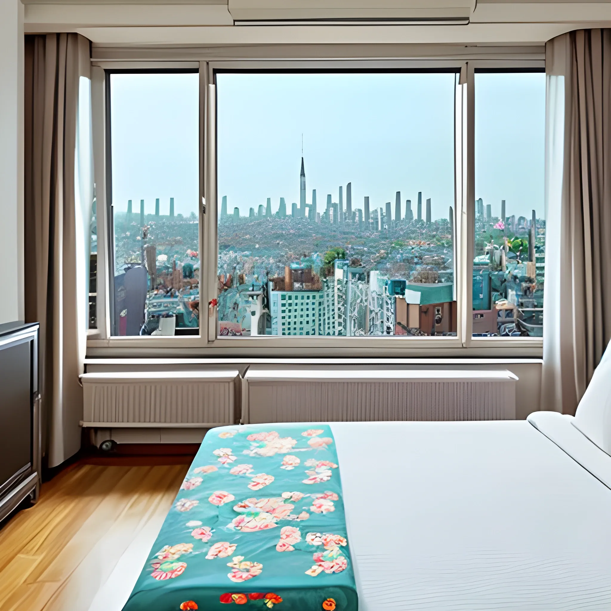 A nicely decorated bed room with the view of the city 