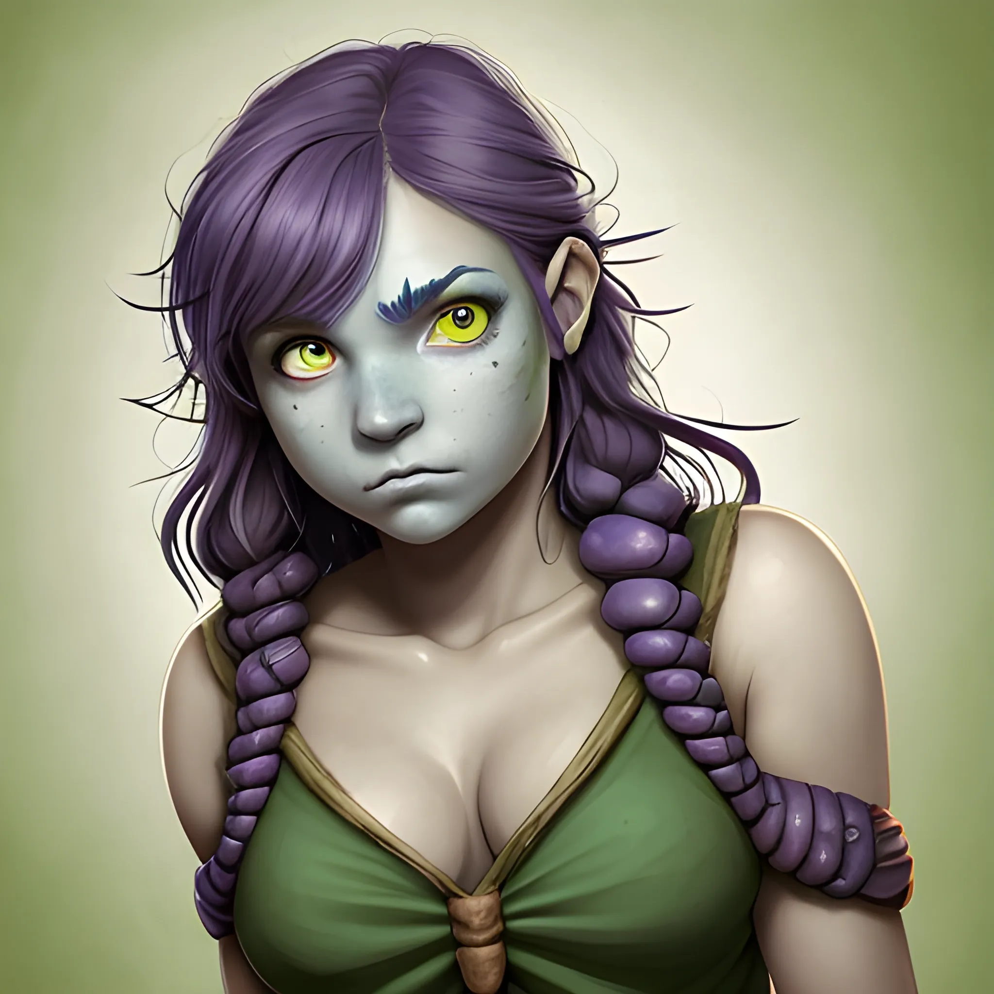 Chica joven peliroja, con un ojo color verde y un ojo color azul. De clase pícara como en dungeons and dragons que tiene una leve conexión con los animales y la naturaleza. Usa una capucha violeta oscuro y tiene una serpiente alrededor de la mano izquierda 