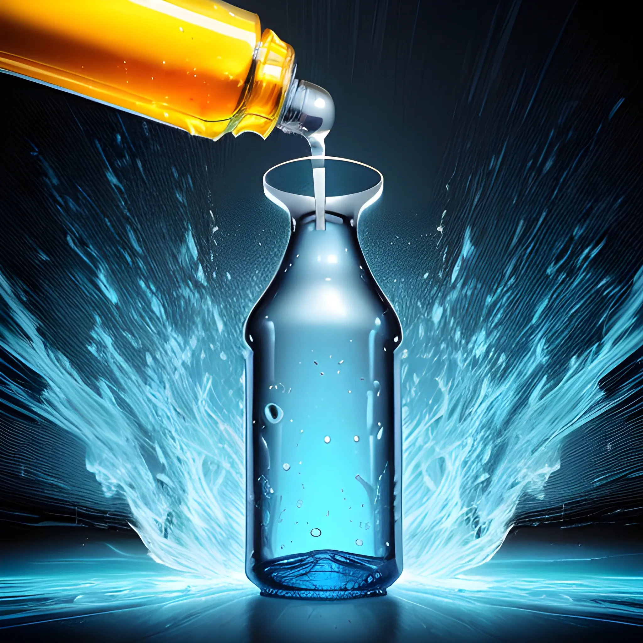  Imagine a blue nitro bottle, its exterior adorned in a vibrant shade of deep blue. The color is intense, almost electric, giving off a sense of energy and potential. The surface of the bottle appears sleek and metallic, reflecting the ambient light in a captivating way.

Now, as you observe the bottle, there's a visual illusion that suggests a state of near-explosion. The blue hue seems to intensify near the top, as if the pressure inside is building up to a critical point. There might be subtle distortions in the reflection, creating a dynamic and distorted appearance, as if the container is straining against an invisible force.

The contours of the bottle might appear slightly exaggerated, with the shape subtly warping as though it's on the verge of bursting open. The cap or nozzle may seem to be under tension, as if struggling to contain the contained energy within. This illusion of impending explosion adds an element of drama to the visual, making the bottle appear as though it's frozen in a moment of intense anticipation, caught right before a burst of vibrant energy.