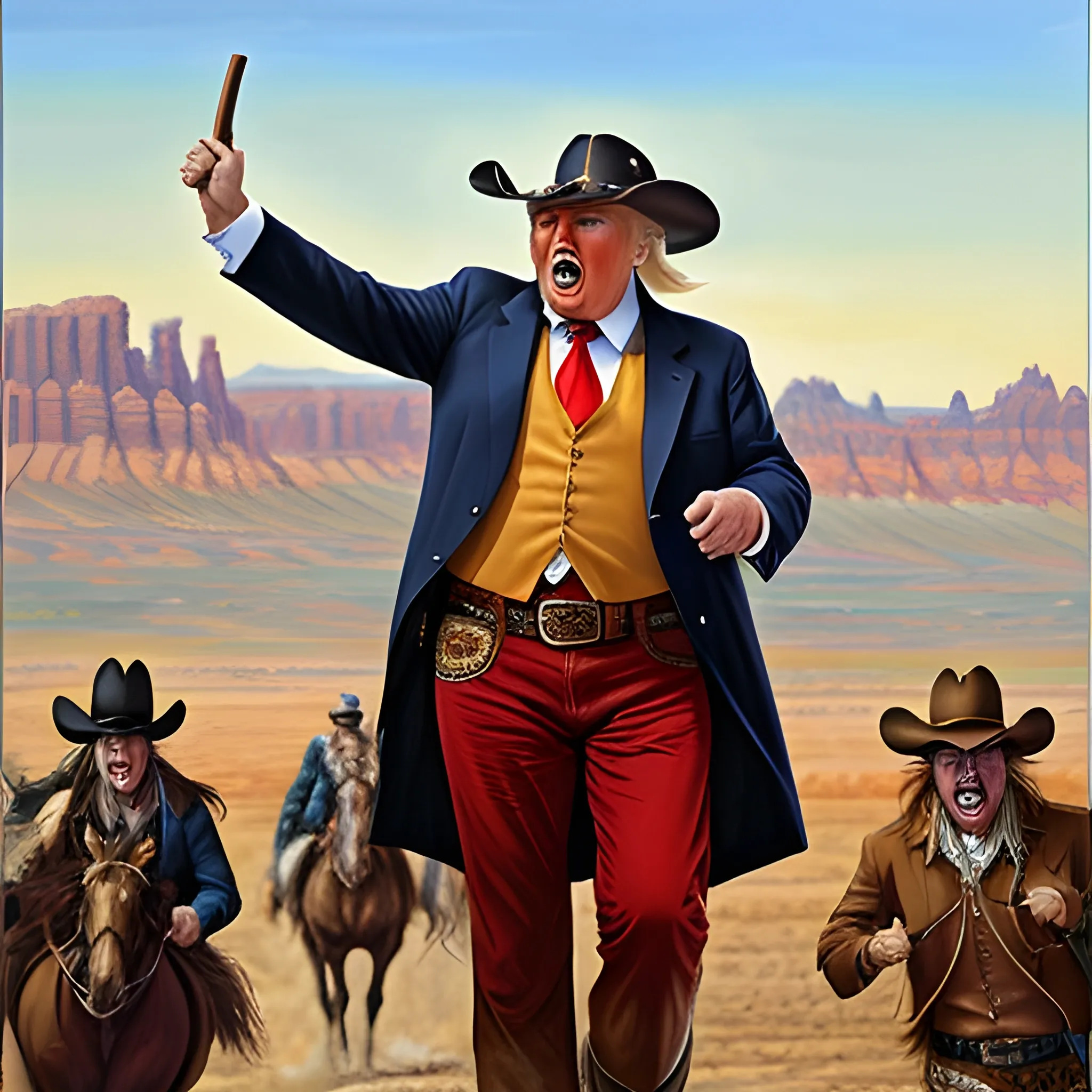 Donald Trump dressed as a Far West cowboy with an angry face and yelling at people., Oil Painting