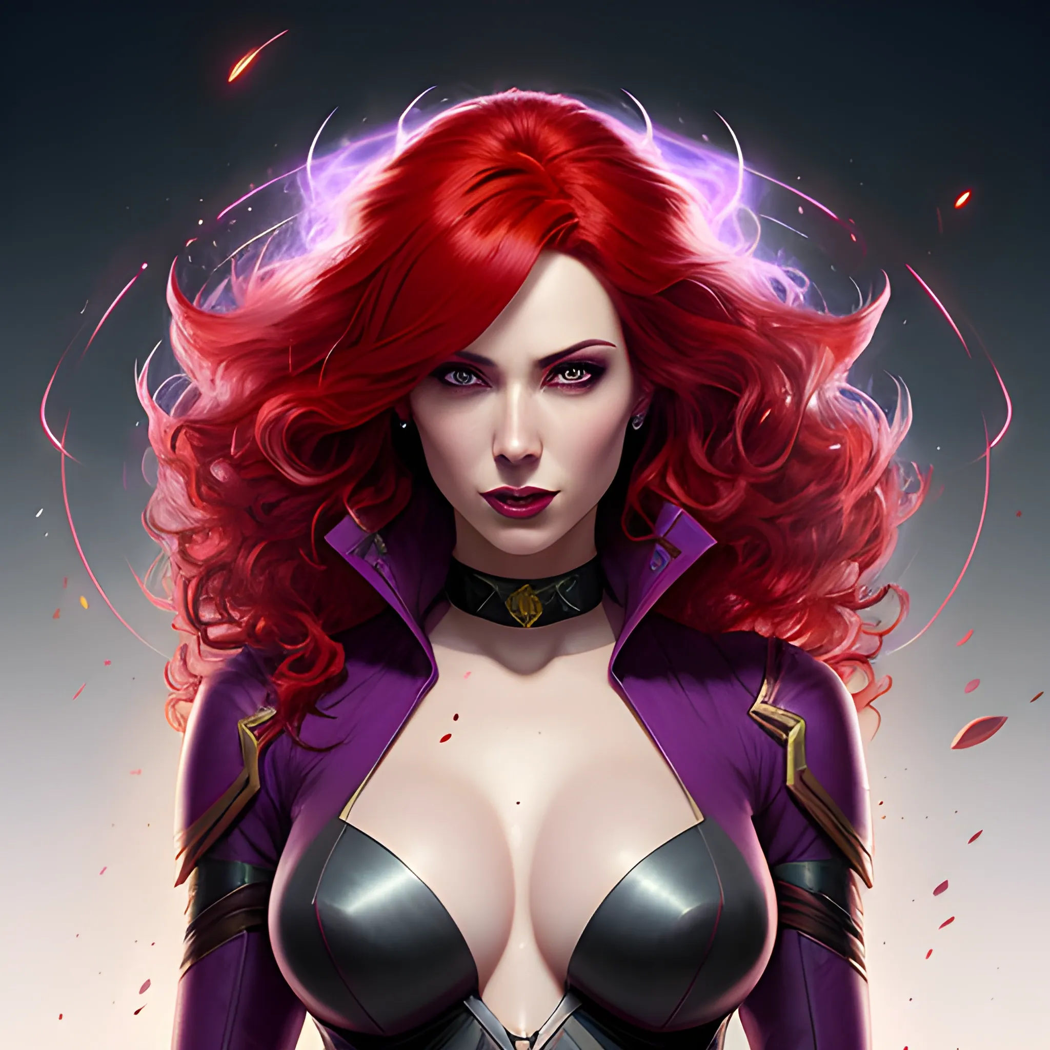 realistic portrait of a innocent young  girl with red colour hair, d&d rogue fantasy, dark violet magical school student uniform,curly hair, casting a bright large-scale magical spell around herself, overflowing natural energy, highly detailed, digital painting, trending on artstation, pixiv, concept art, sharp focus, illustration, art by Ross Tran and Greg Rutkowski and Walt Disney animation