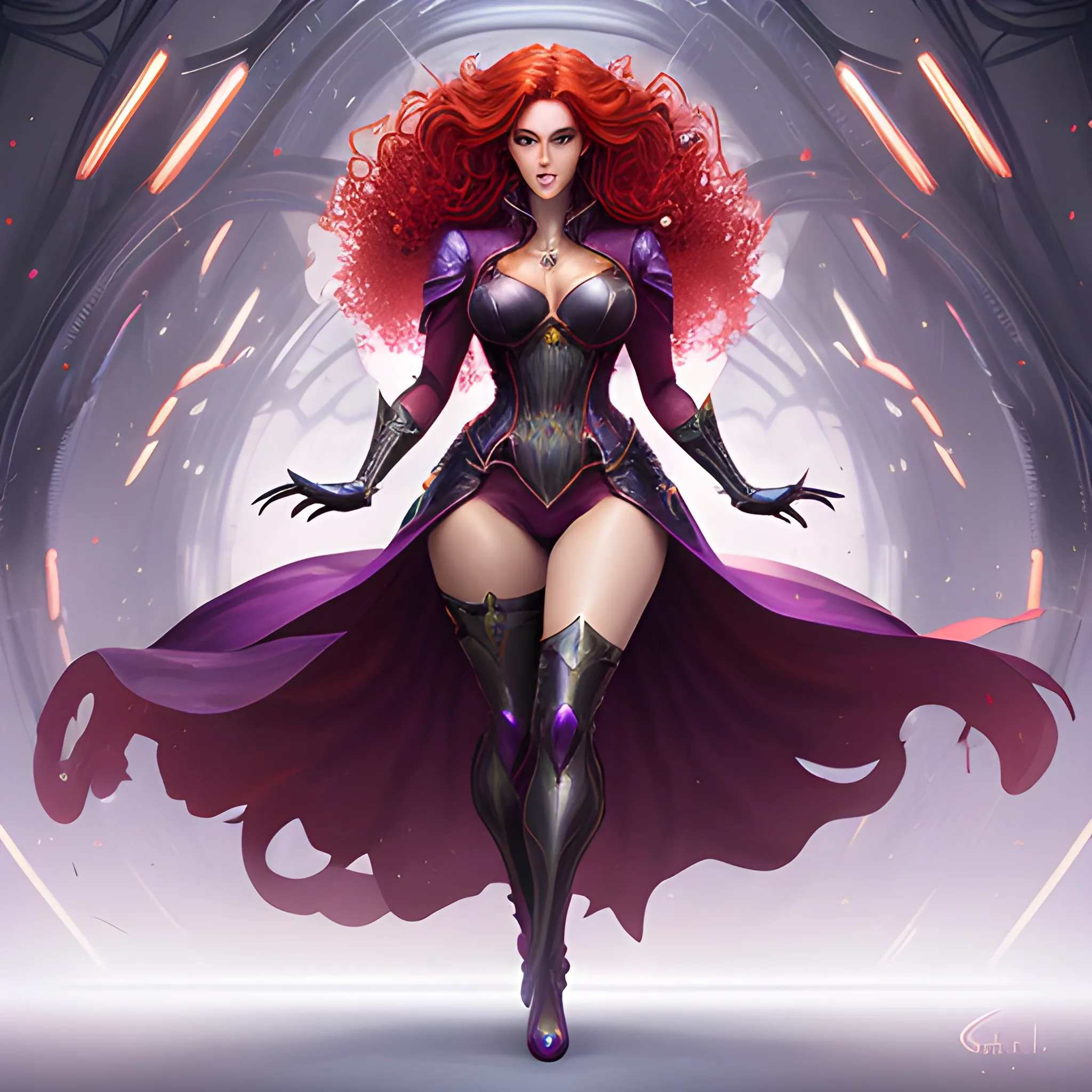 realistic full body portrait of a  young teen girl, childish bosy, petit, natural red colour hair, d&d rogue fantasy, dark violet magical school student uniform, curly hair, casting a bright large-scale magical spell around herself, overflowing natural energy, highly detailed, digital painting, trending on artstation, pixiv, concept art, sharp focus, illustration, art by gretel lusky