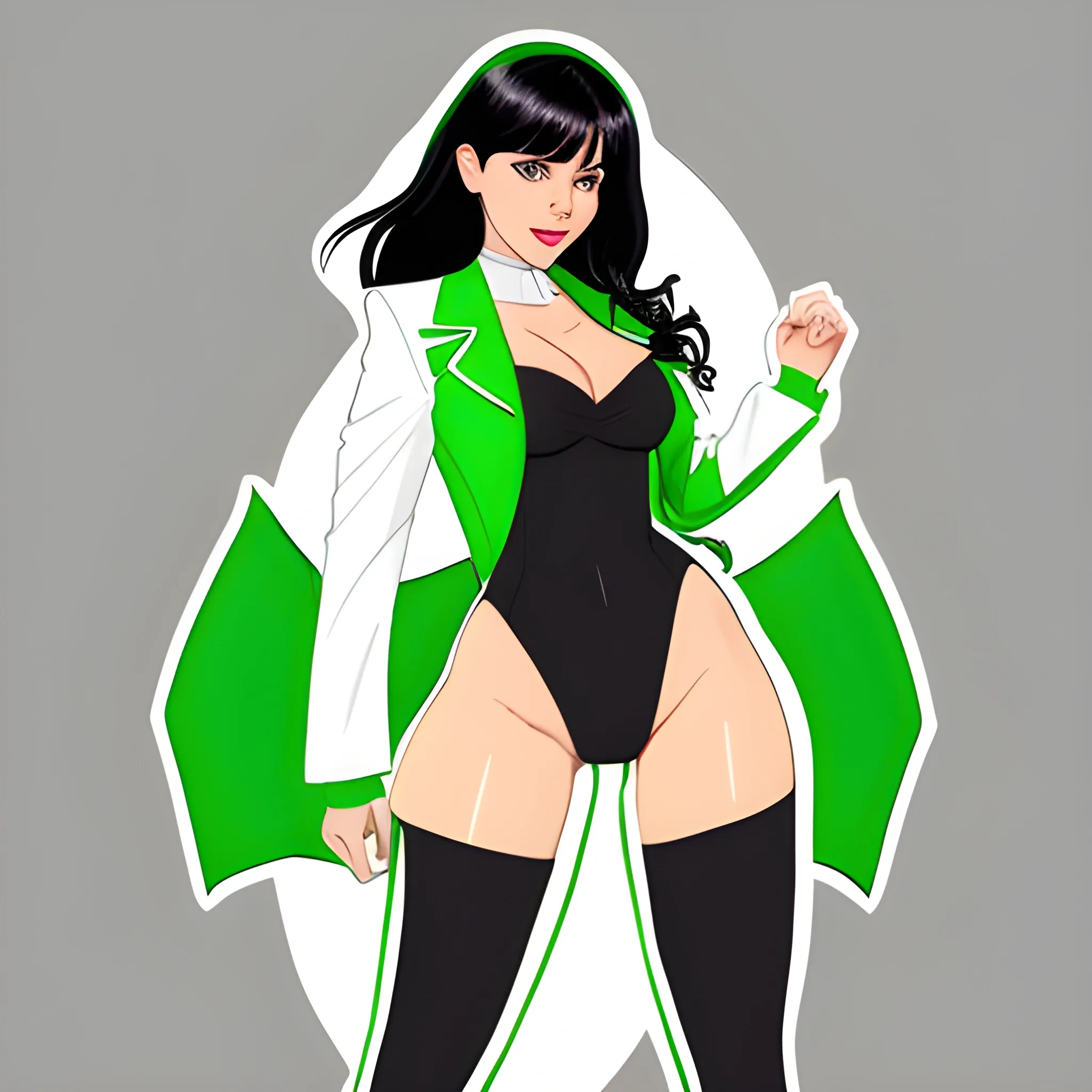 caucasian woman, black hair, white full body suit, green jacket, cut out cleavage, green tights, cartoon