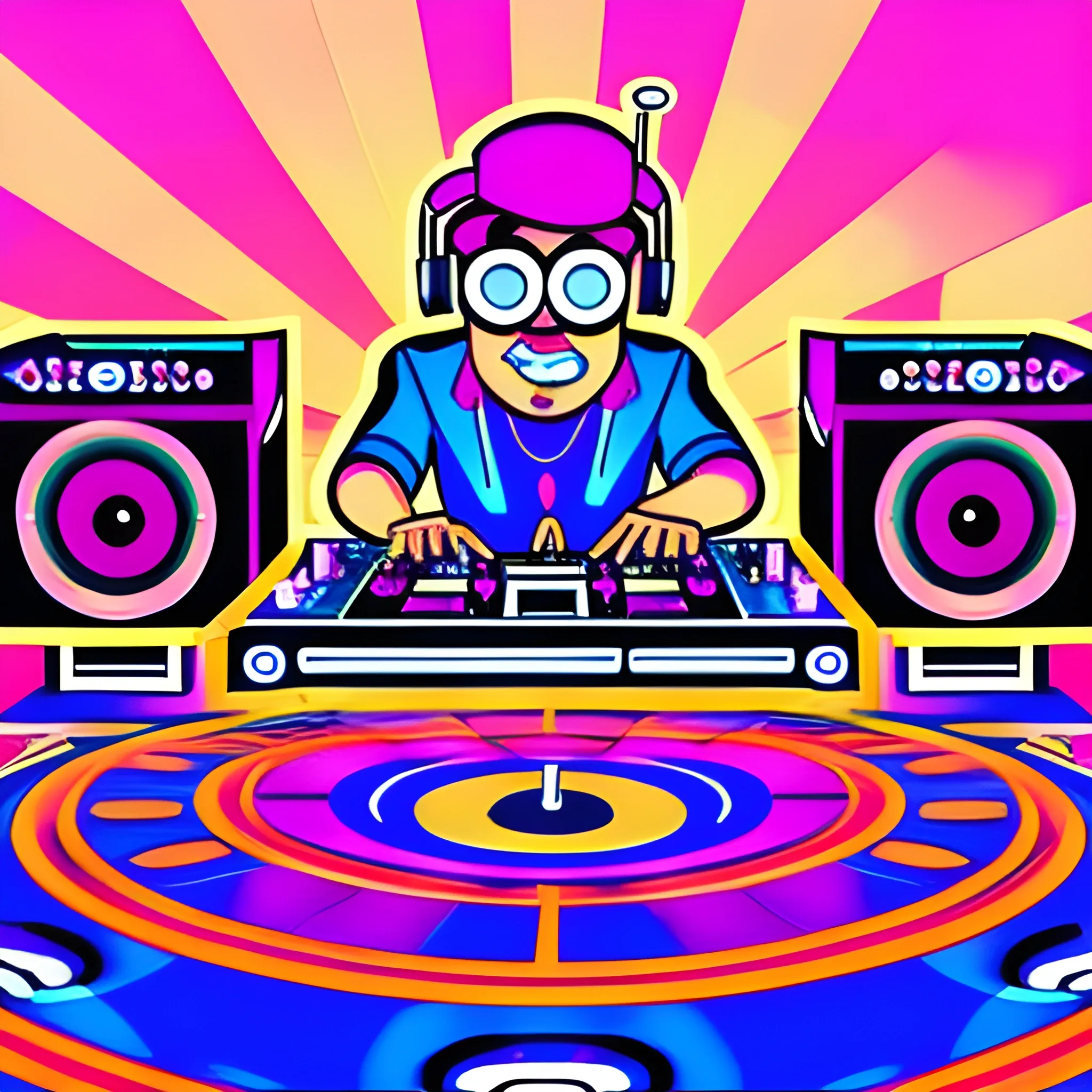 club dj using 3 turntables, Cartoon style