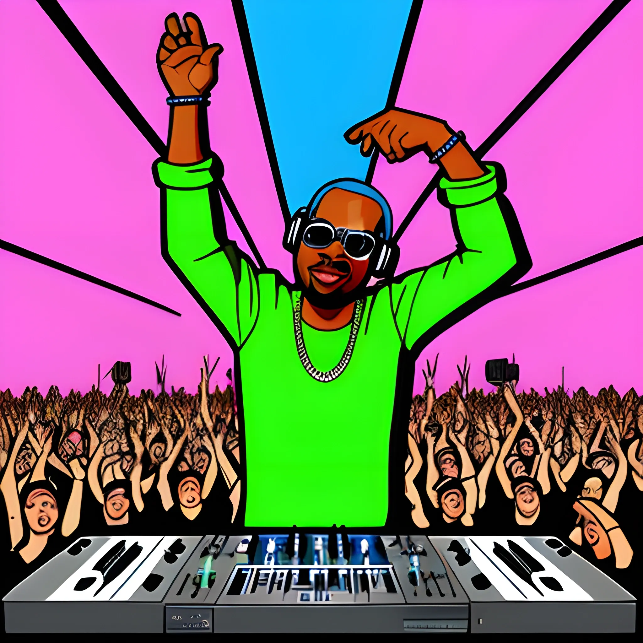 DJ Green Velvet playing in front of a crowd, Cartoon style