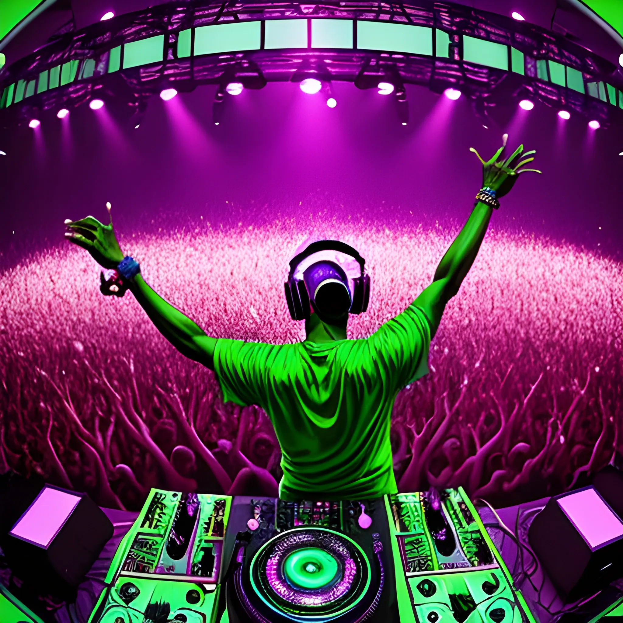 DJ Green Velvet playing in front of a crowd, presented in trippy style