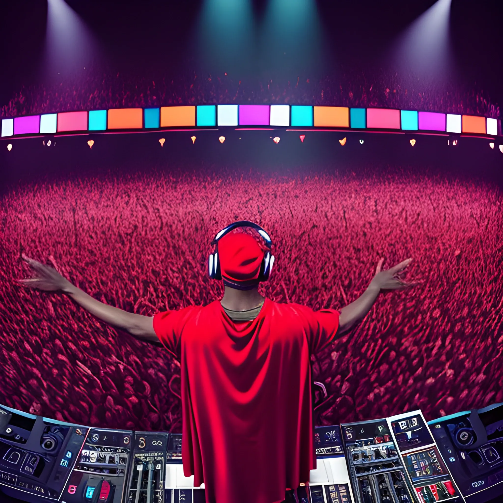 DJ Green Velvet playing in front of a crowd wearing a red cape, presented in trippy style