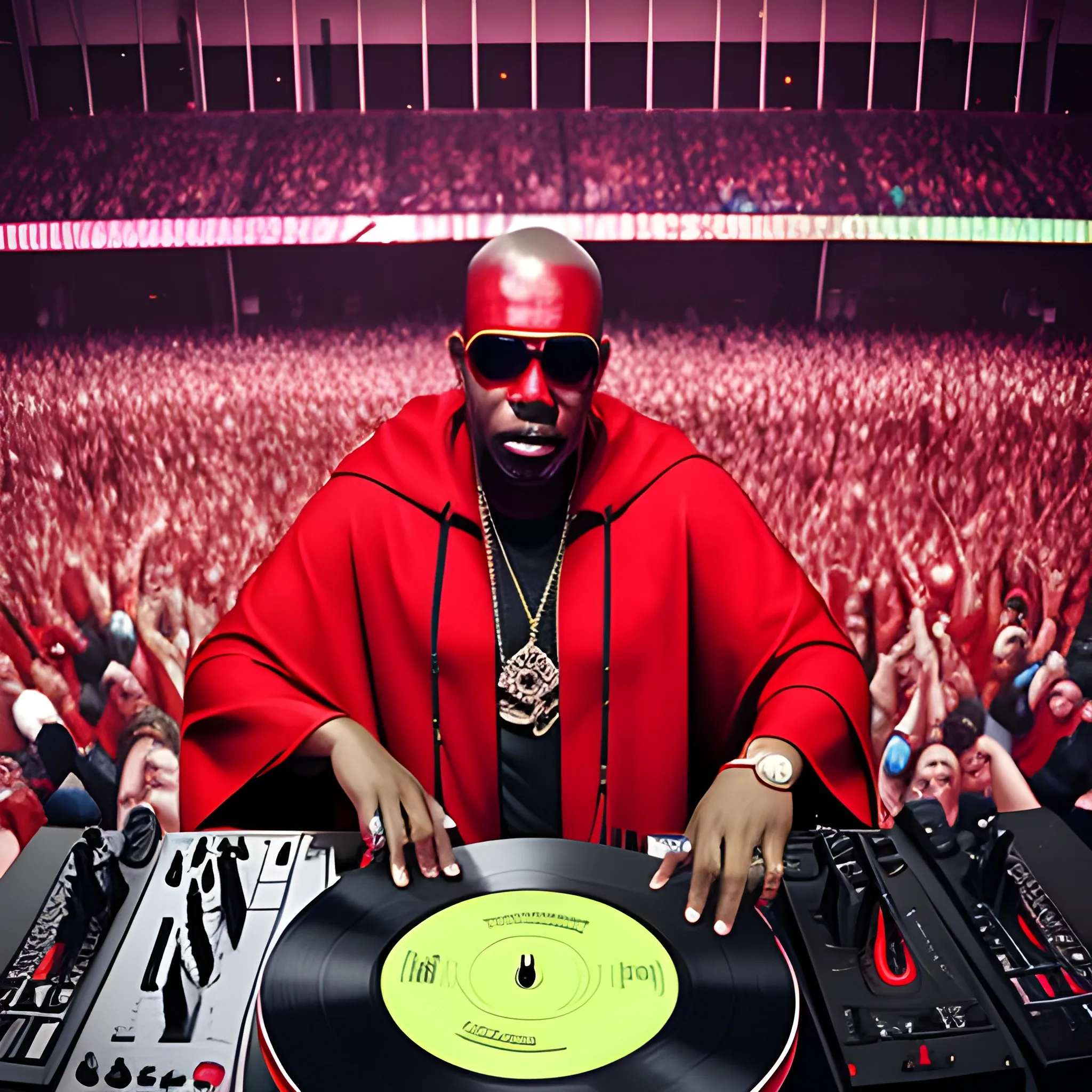 DJ Green Velvet playing records on 3 turntables in front of a crowd wearing a red cape, presented in trippy style