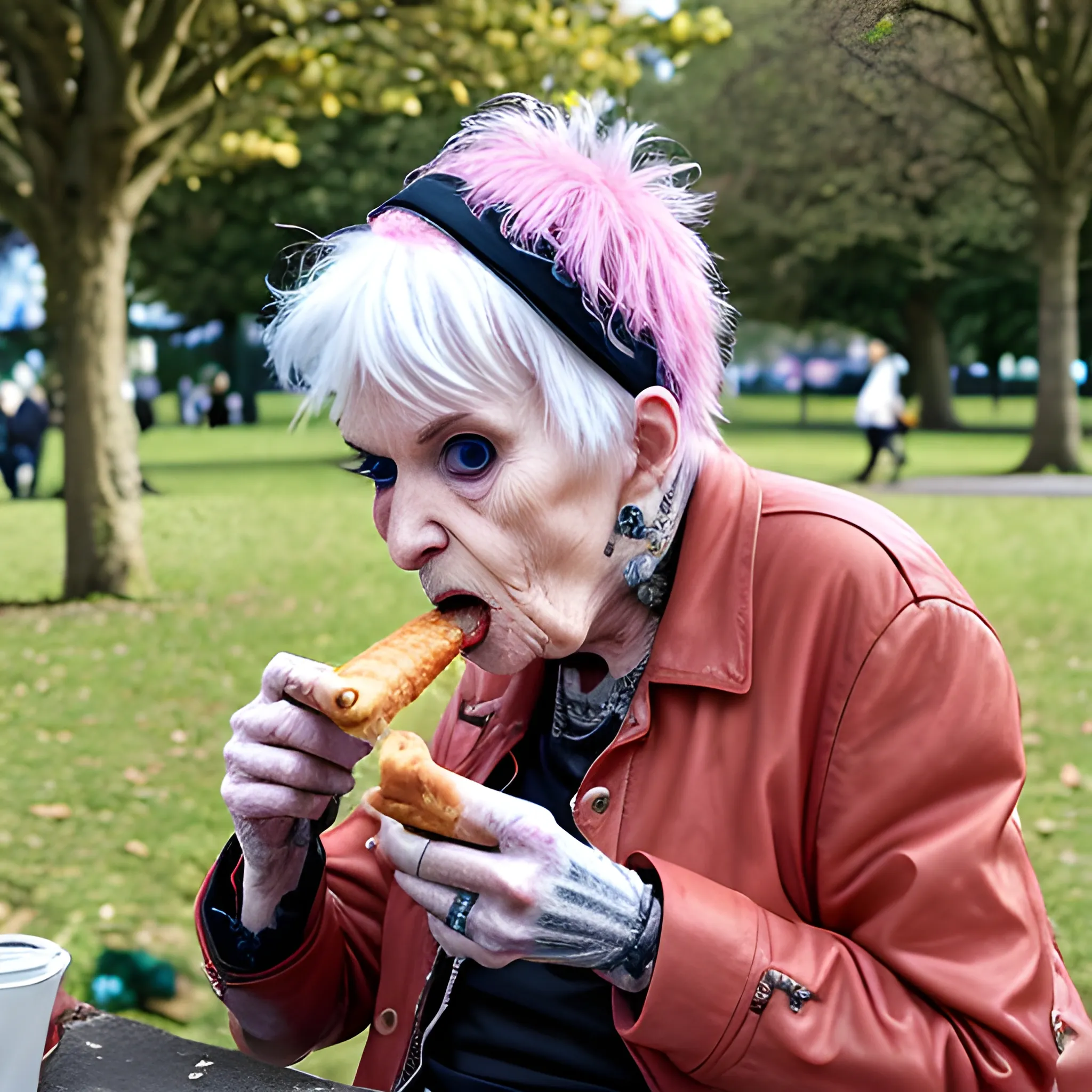 elderly punk female eating a sausage roll in the park, presented in trippy style