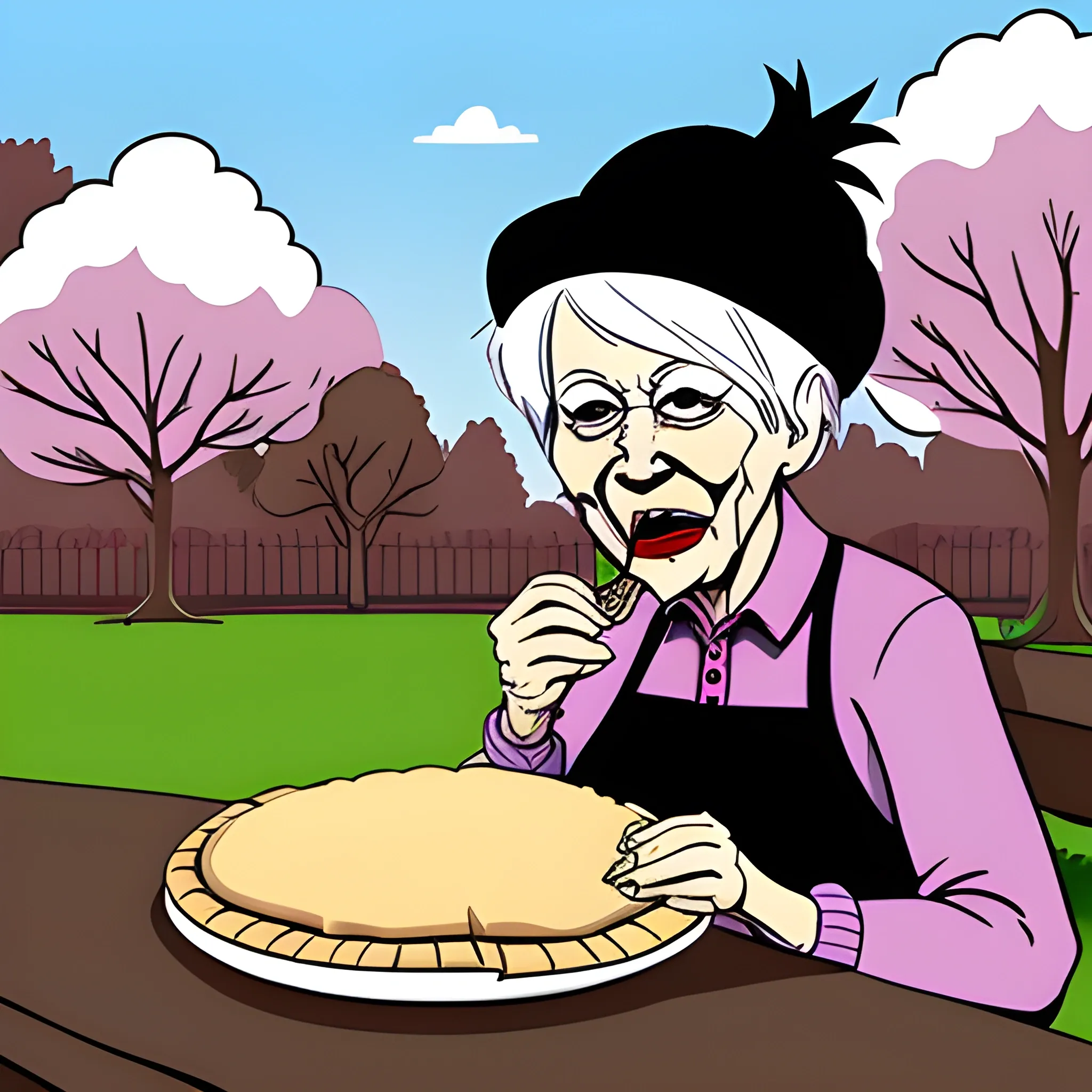 elderly punk female eating a meat pie in the park, presented in cartoon style