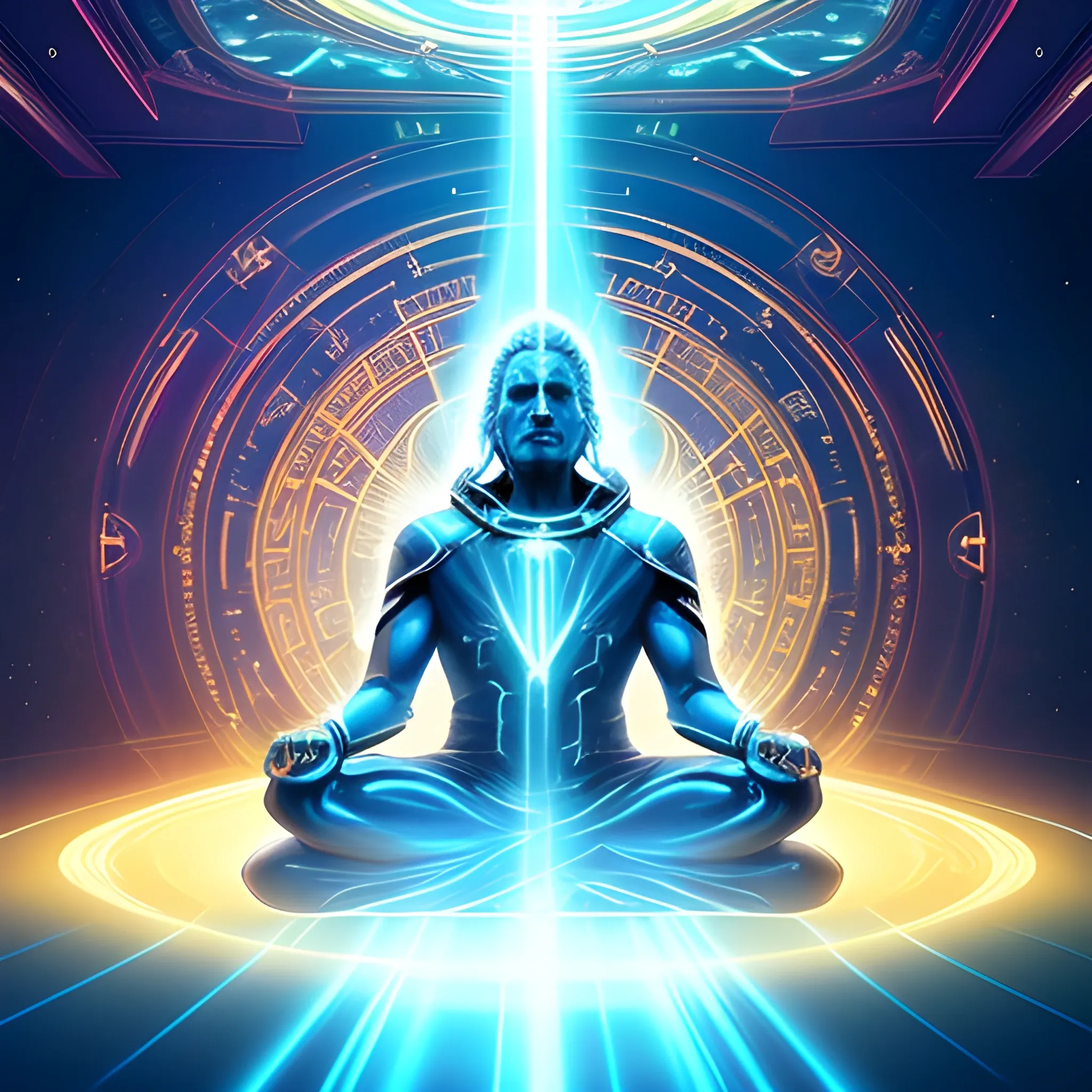 Space ark sanctuary room.  Man meditating in the center with a protective forcefield around his body.  Sparkling light radiating from his third eye.  Around him are a counsel of angelic guardians.  In the style of fantasy art.  digital art, cosmic universe.  vibrant colors  reflecting off of golden rays of light. Electric blue light,  deep color, intricate detail,  trending on Artstation Unreal Engine 5