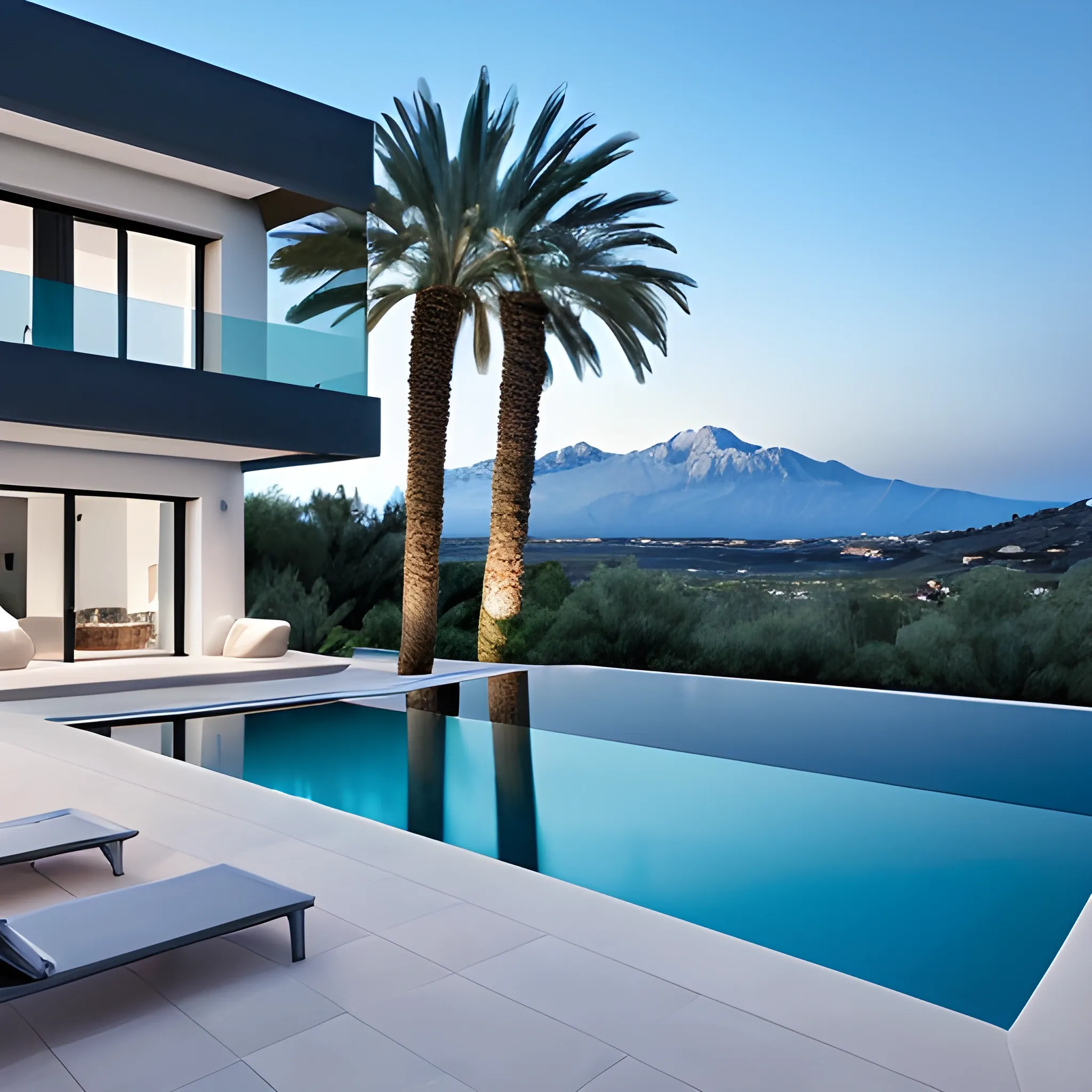 A modern villa in dark grey color with infinity pool overlooking the mount canigou. A palm tree on the right side of the pool mor colorer  with sky blue at night 
