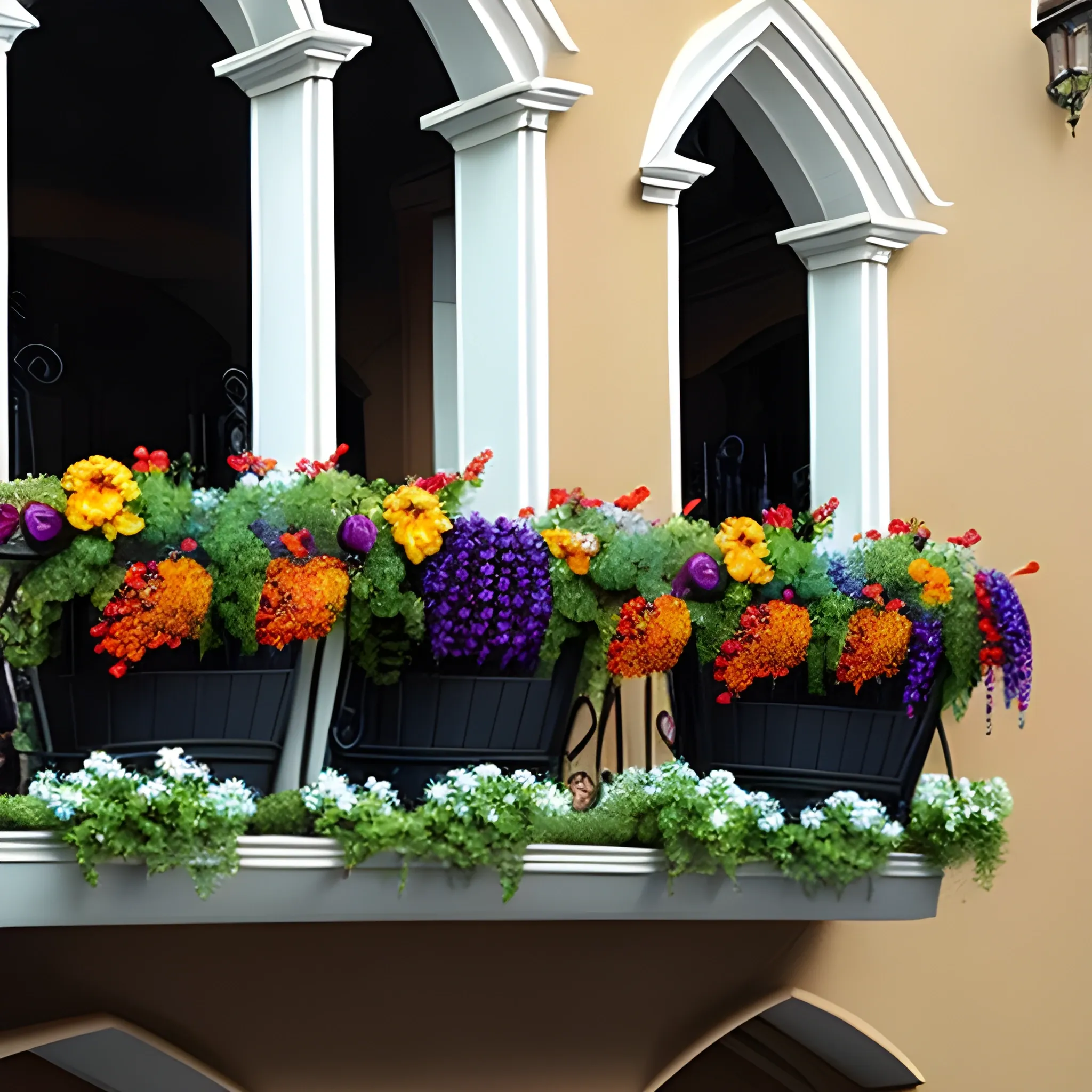 Two gothic women, one exuding youth with her blonde hair down and the other with black hair, lean gracefully on a balcony adorned with vibrant flower pots. His eyes, full of wonder and fascination, are fixed on a distant, invisible wonder, Water Color