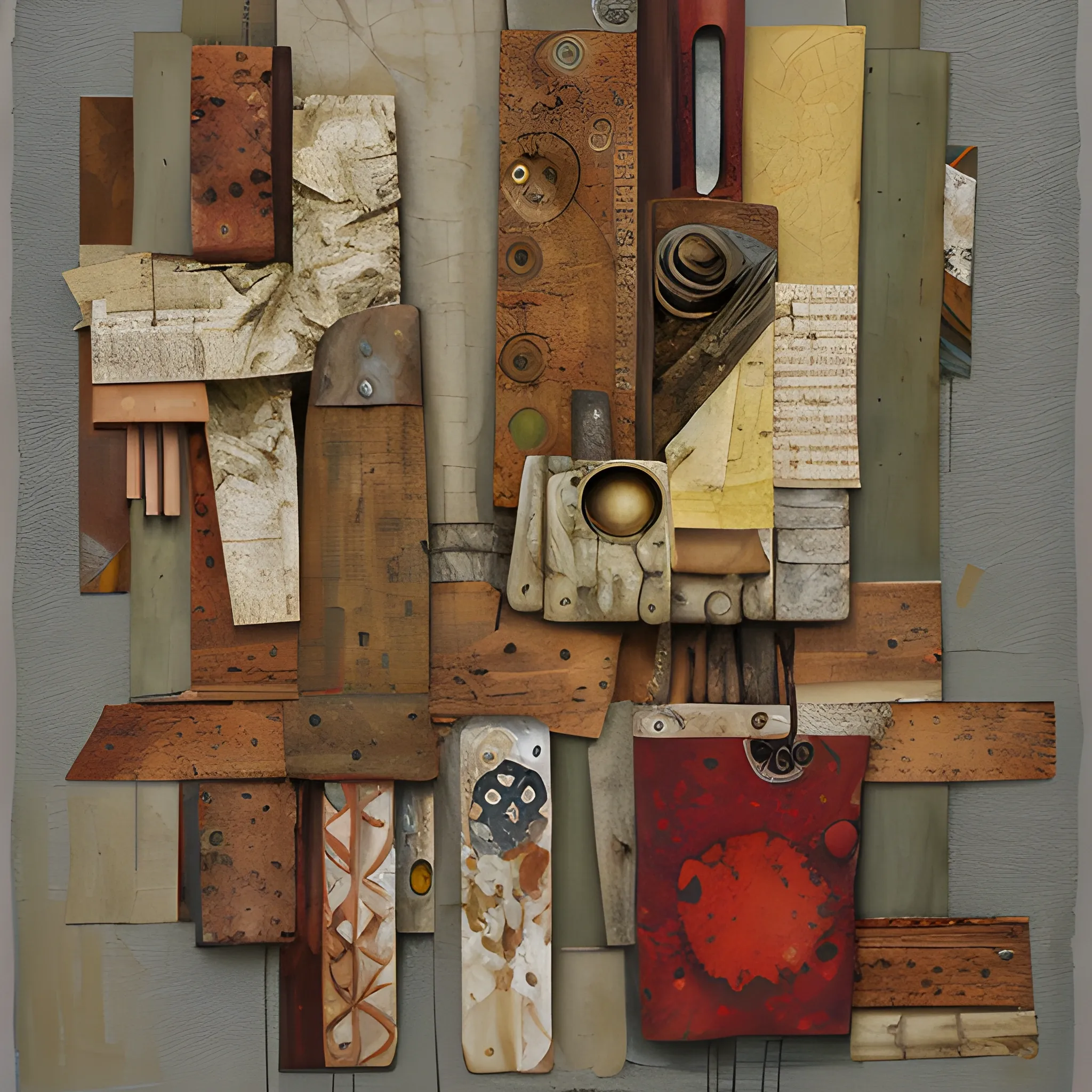 Collage with fabrics, woods, nails and rusty irons, paint, sand and pseudo-organic shapes., Oil Painting