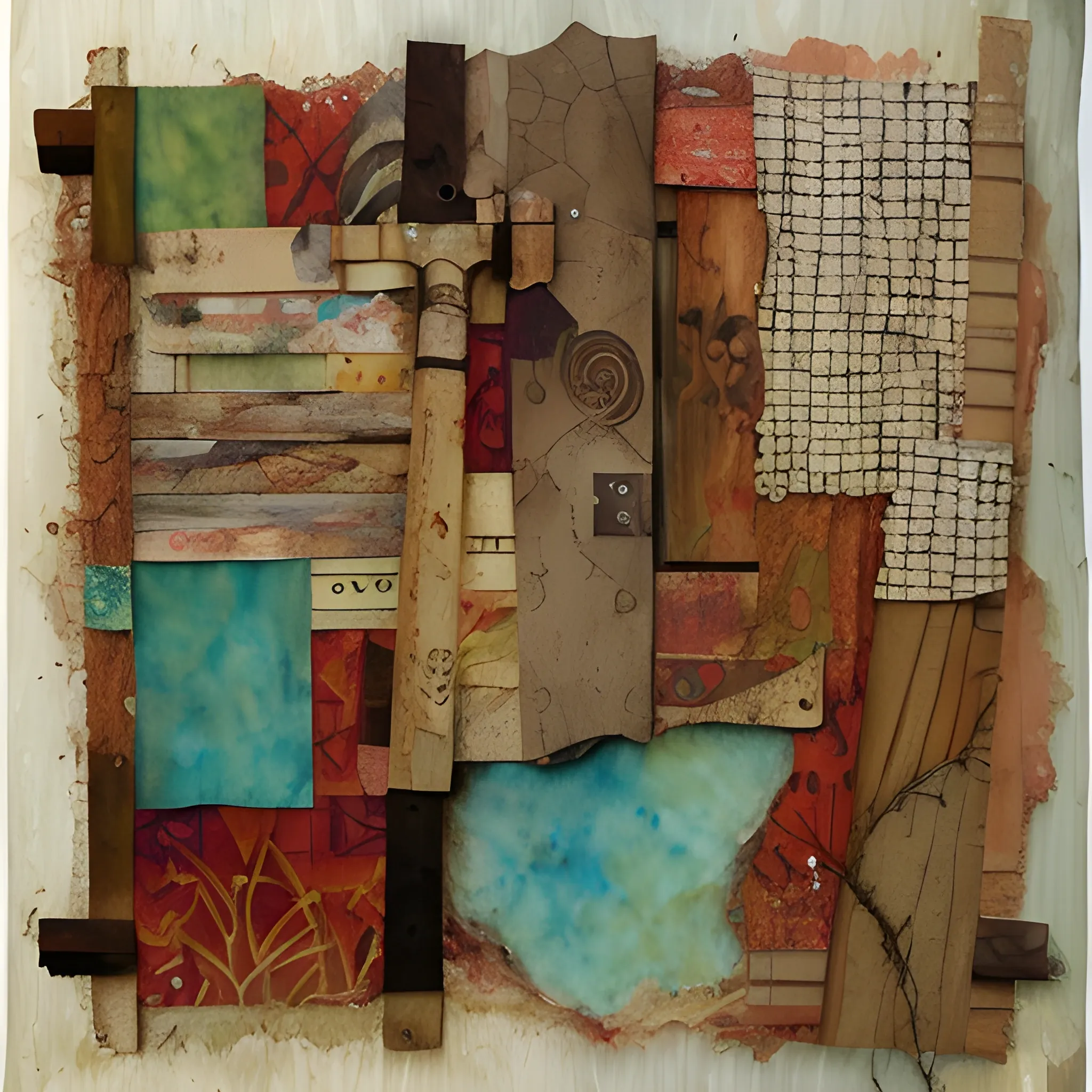 Collage with fabrics, woods, nails and rusty irons, paint, sand and pseudo-organic shapes., Water Color