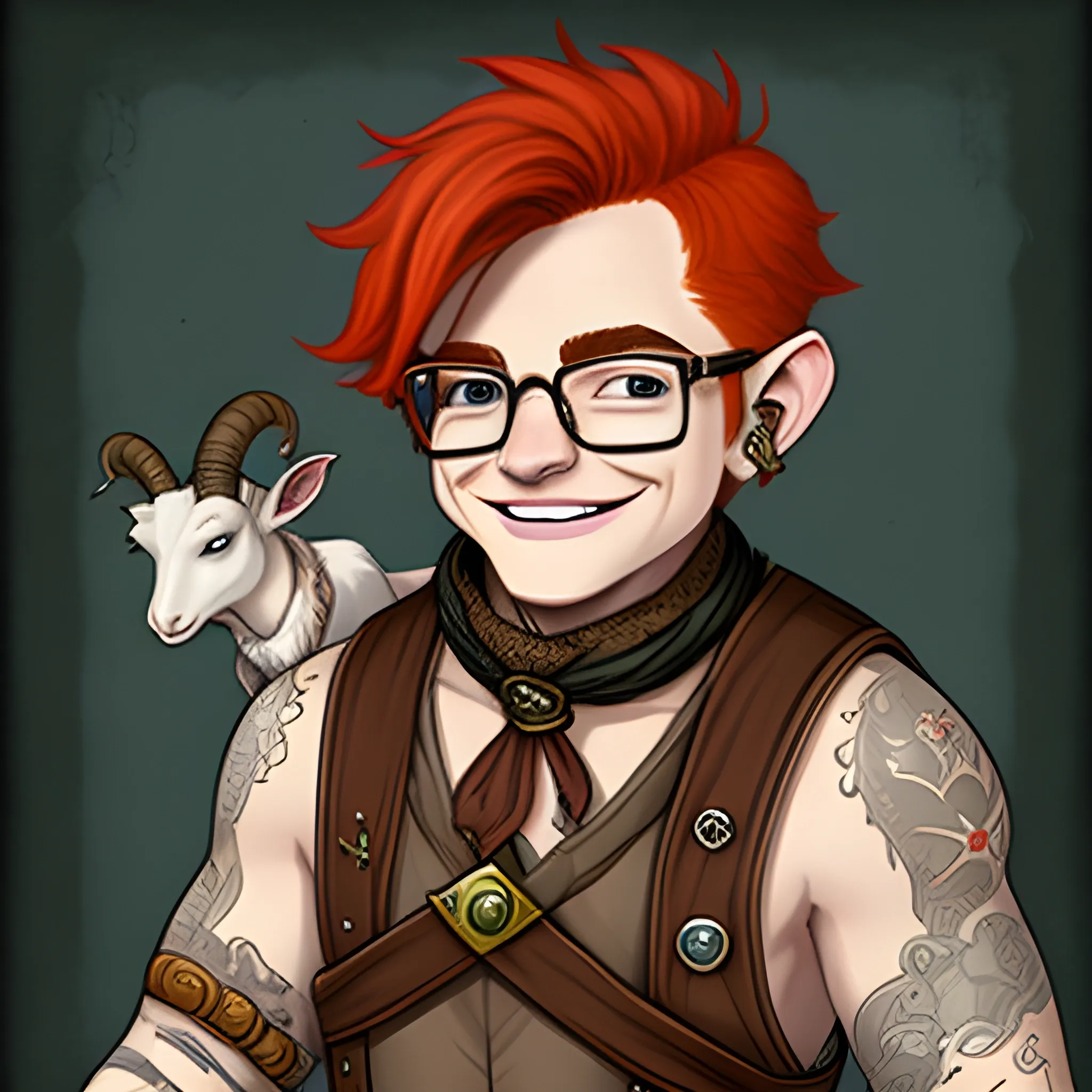 DnD male halfling redhead with a goattee and tattoos on the neck, smiling on the side with a dumb face wearing glasses of goldsmith