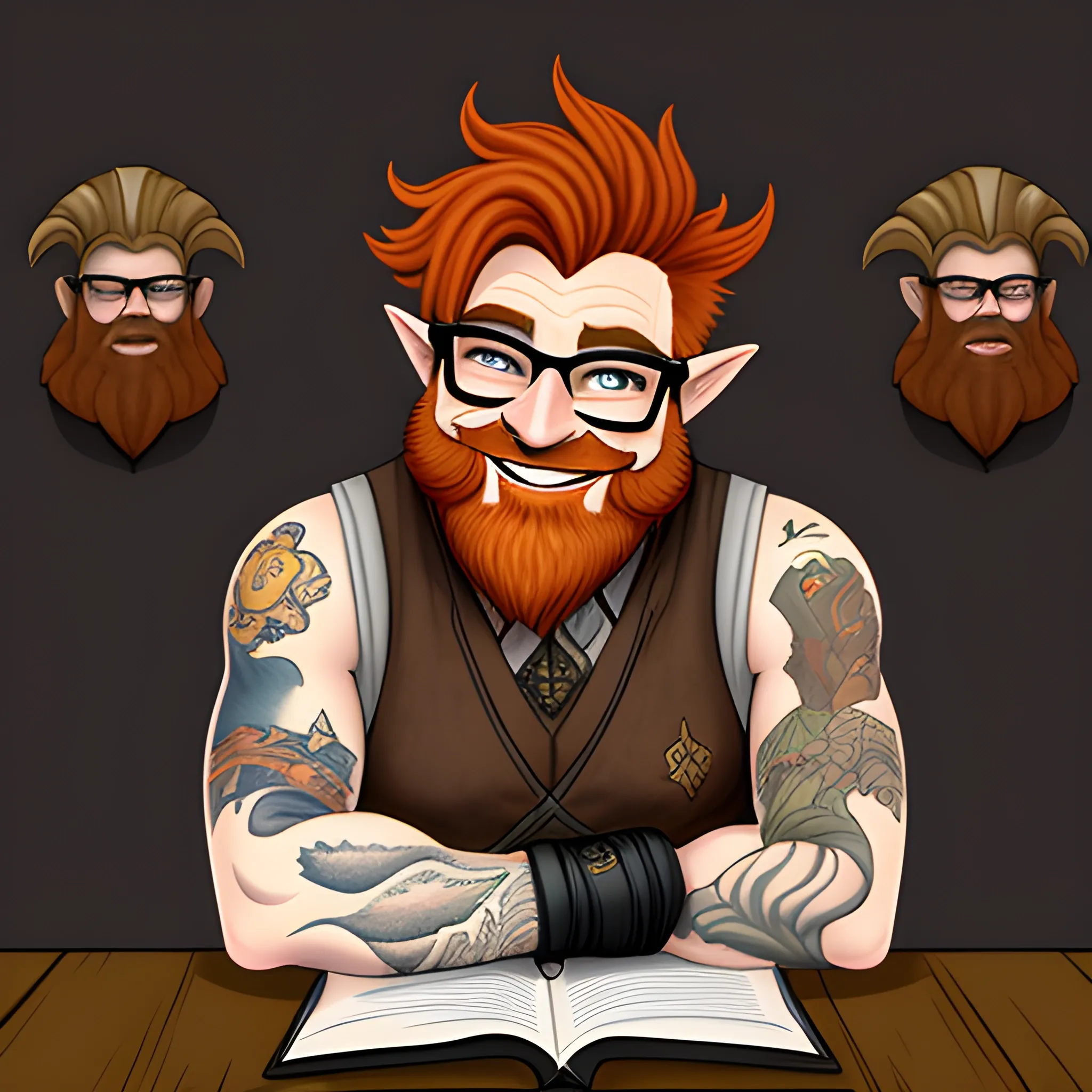 DnD male halfling ginger with a goattee beard and tattoos on the neck, smiling on the side with a dumb face wearing really tiny glasses
