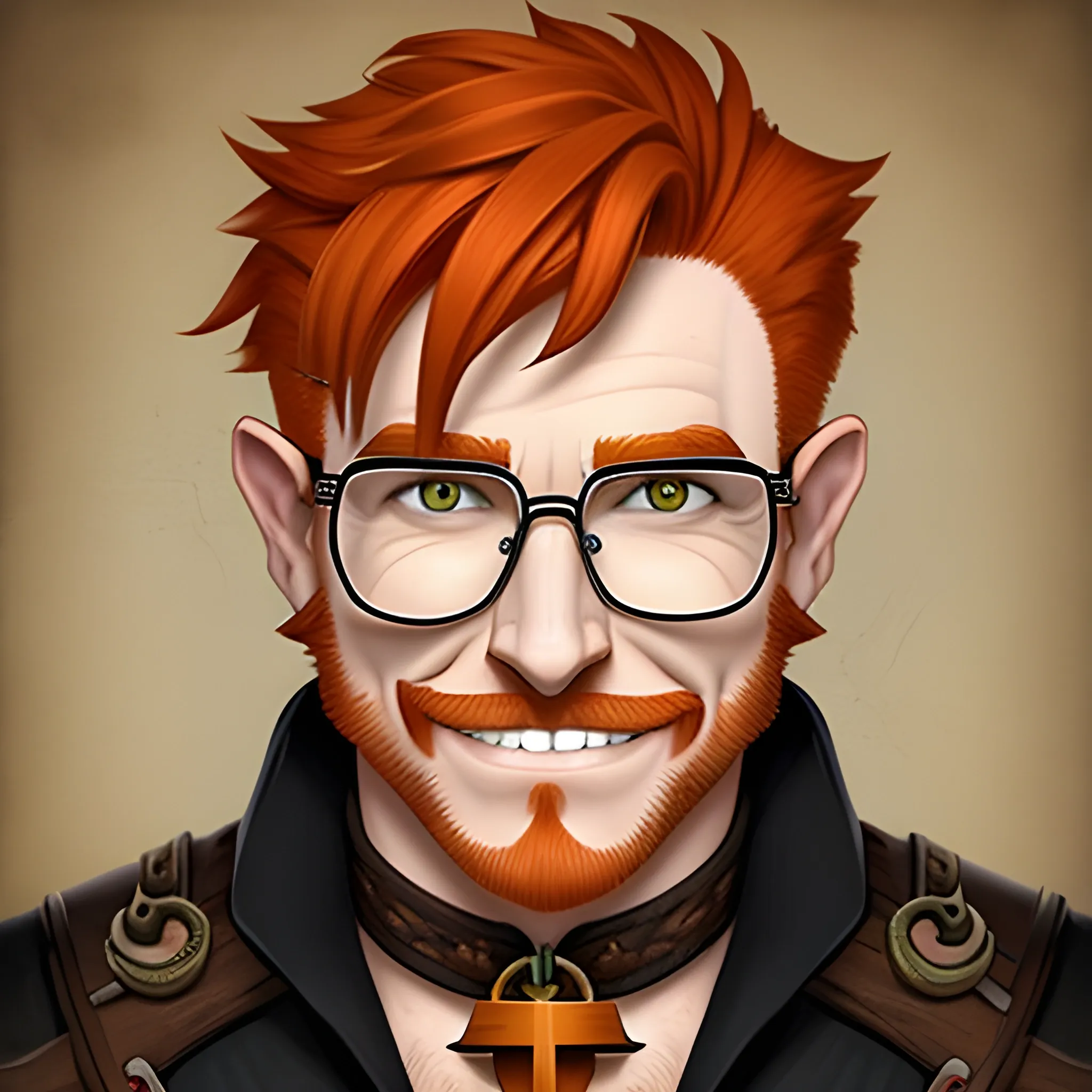 DnD male short haired halfling orange ginger with an anchor goatee on the neck simbolizing a map with x on it , smiling with a mugshot expression and round small quevedo glases