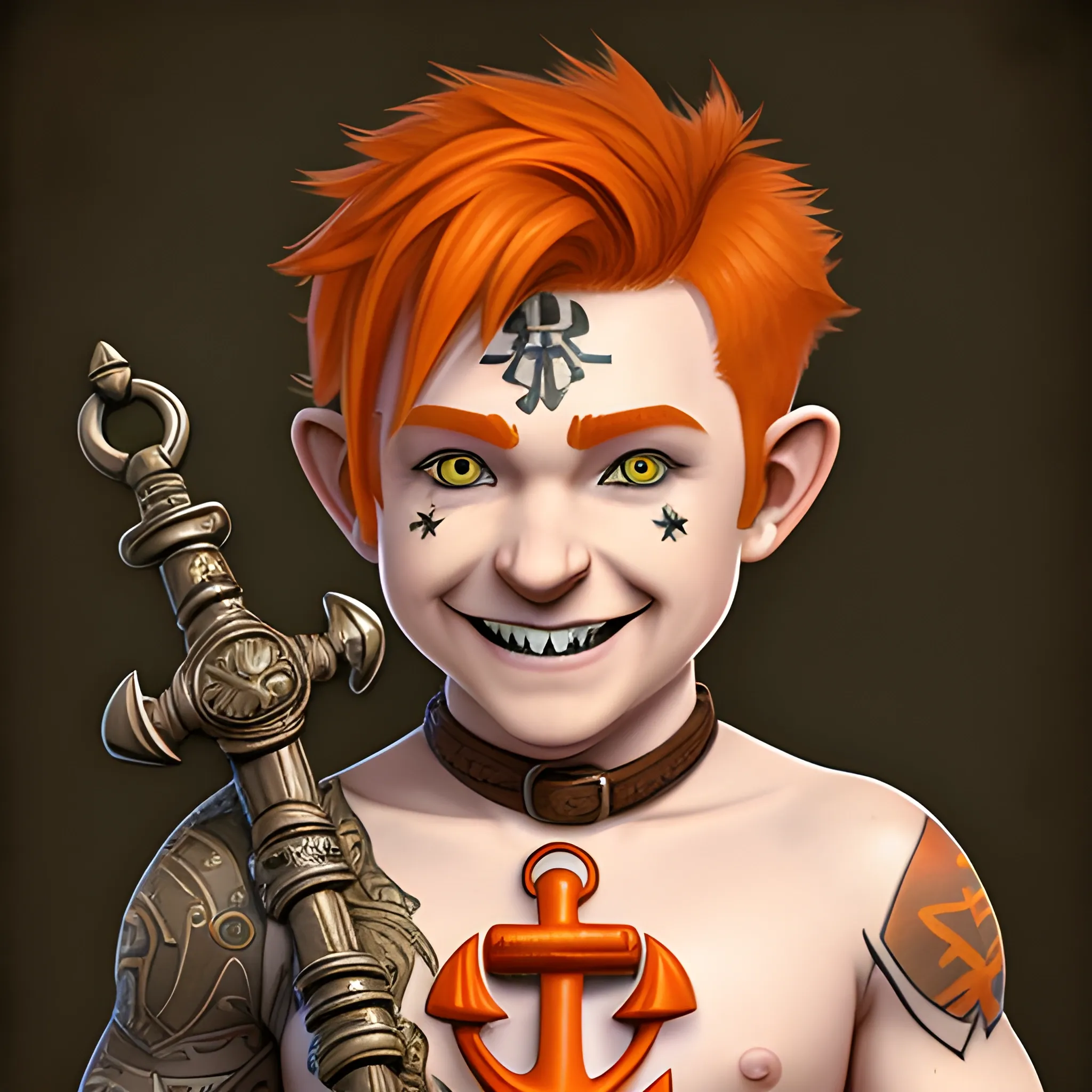 DnD male short haired halfling orange ginger with an anchor goatee tatoos on the neck and chest simbolizing a map with x on it , smiling with a mugshot expression and a tambourine on his hands 