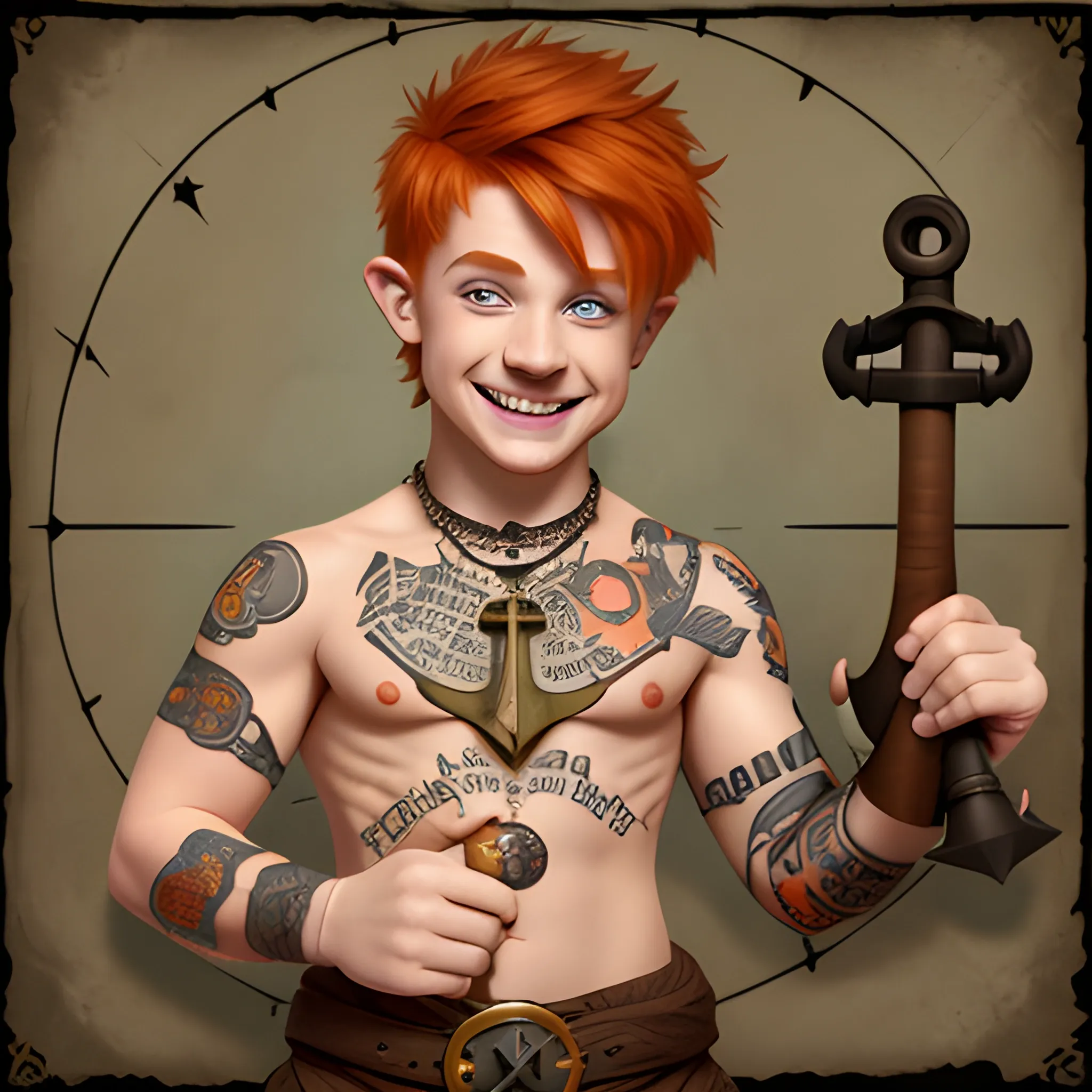 DnD male short haired halfling dark orange ginger with an anchor goatee tatoos symbolizing a map on the chest , smiling with a mugshot expression and holding a tambourine
