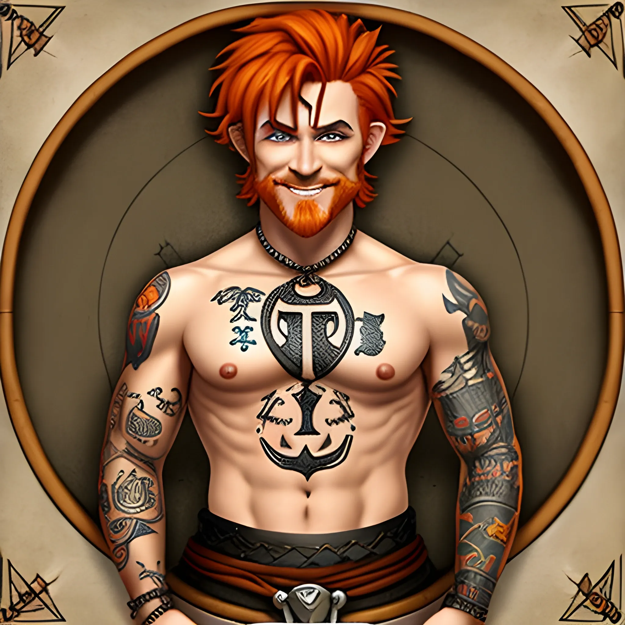 DnD male short haired halfling dark orange ginger with an anchor goatee tatoos symbolizing a map on the chest , smiling with a mugshot expression and holding a small drum 