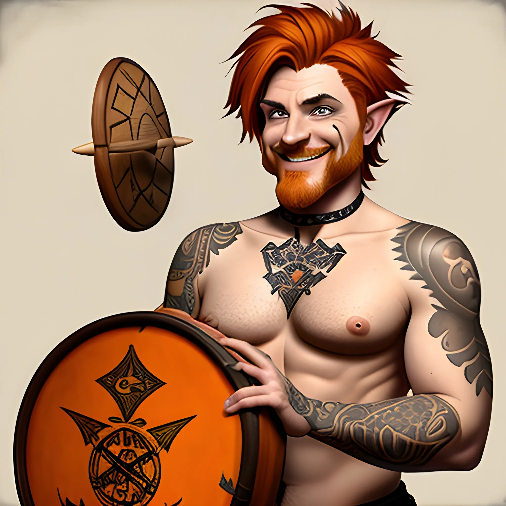 DnD male short haired halfling dark orange ginger with an goatee tatoos symbolizing a map on the chest , smiling with a mugshot expression and playing a small drum 