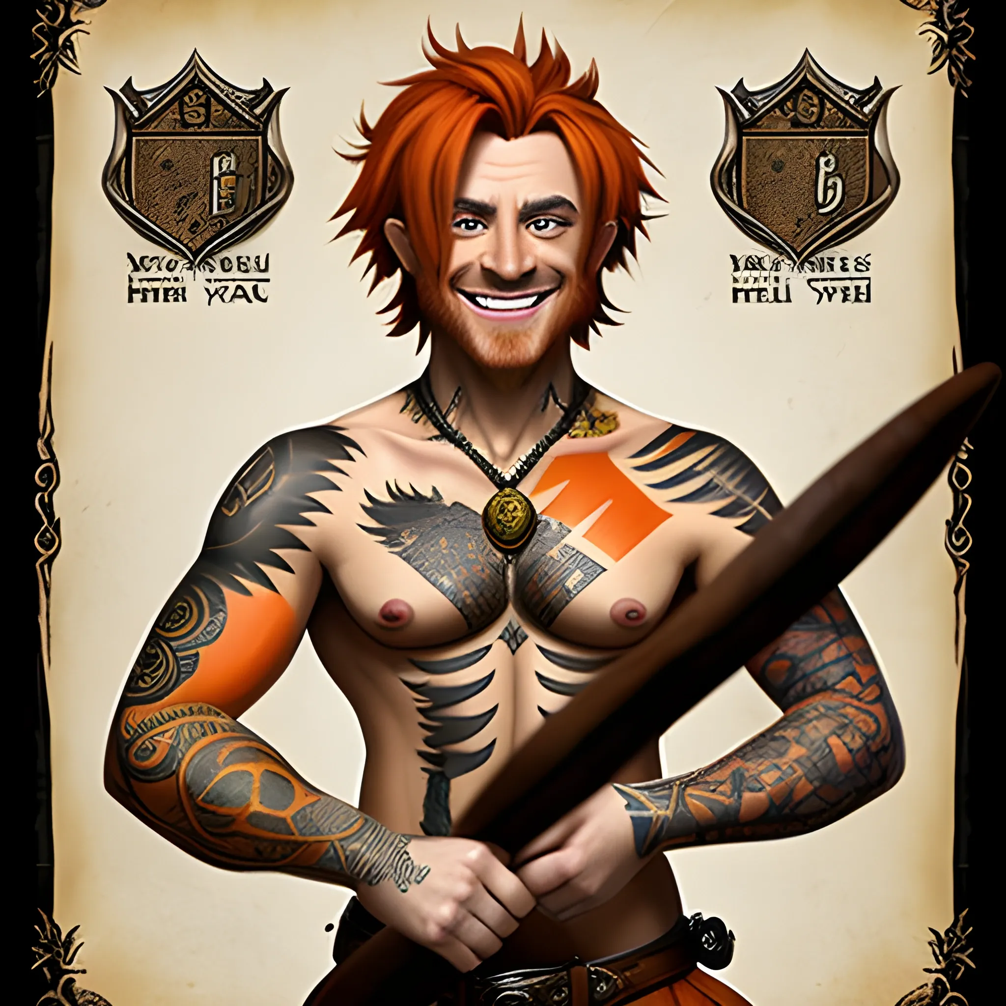 DnD teenage male short haired halfling dark orange ginger with a perilla tatoos symbolizing a map on the chest , smiling with a mugshot expression and playing a small drum 