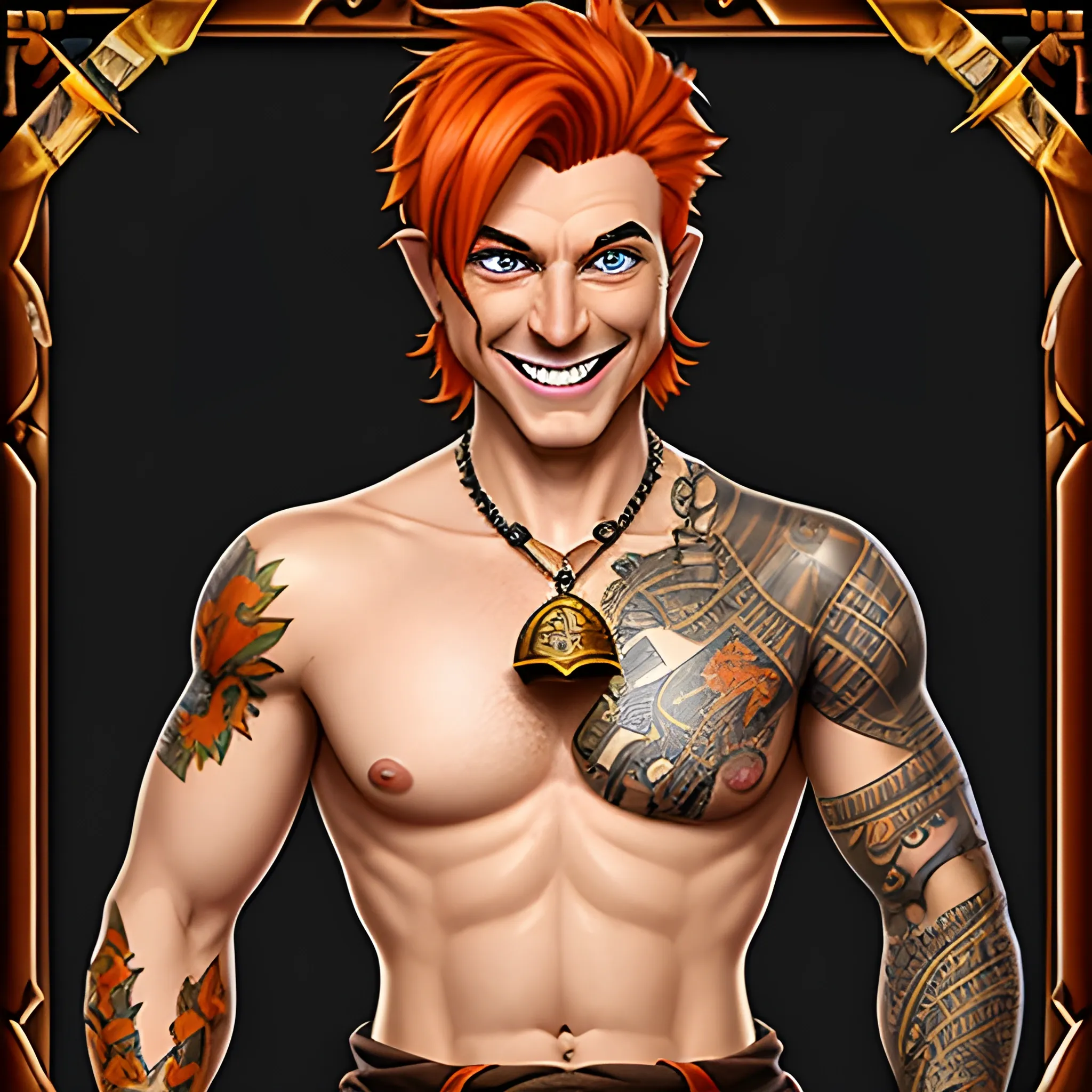 DnD teenage slim build male short haired halfling dark orange ginger with a perilla chest treasure map tatoo smiling with a mugshot expression and playing a small drum 