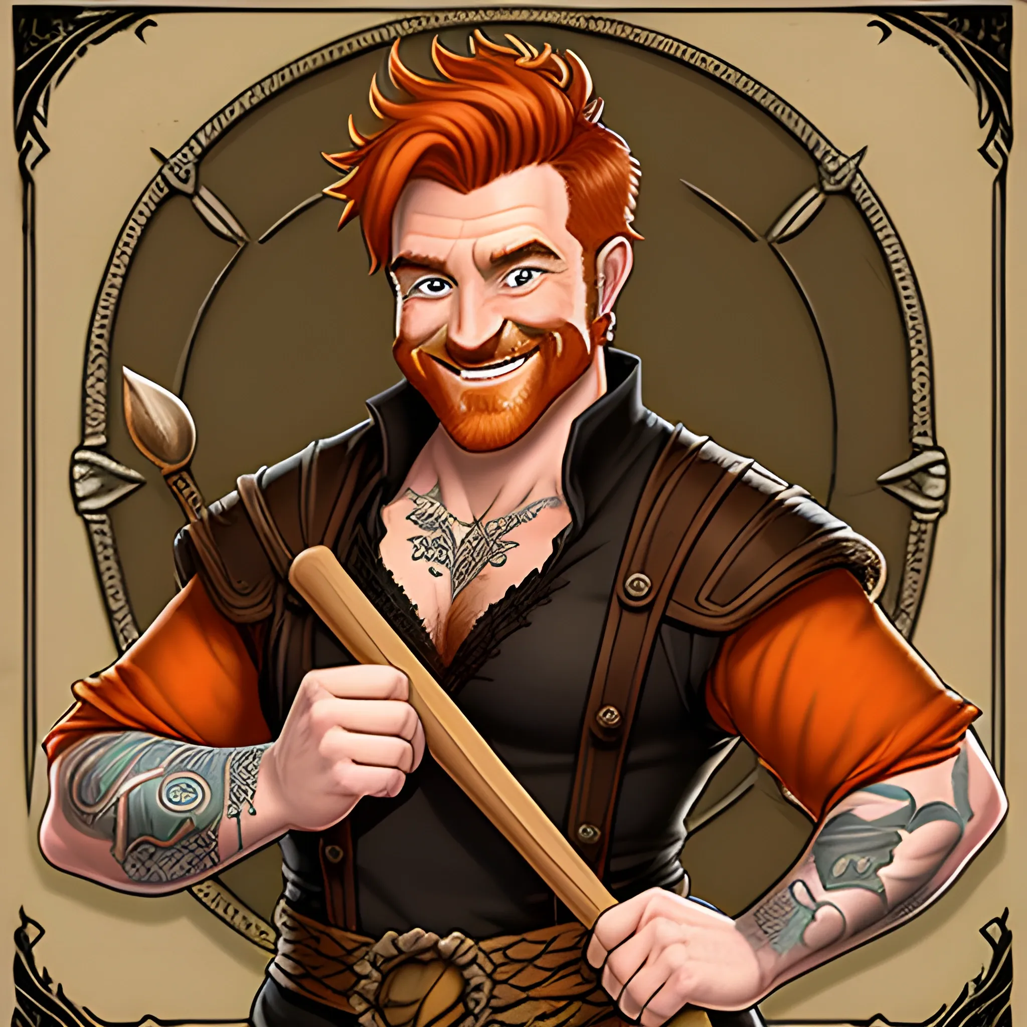 DnD teenage dad bod build male short haired halfling dark orange ginger with a perilla chest treasure map tatoo smiling with a mugshot expression and playing a small drum 