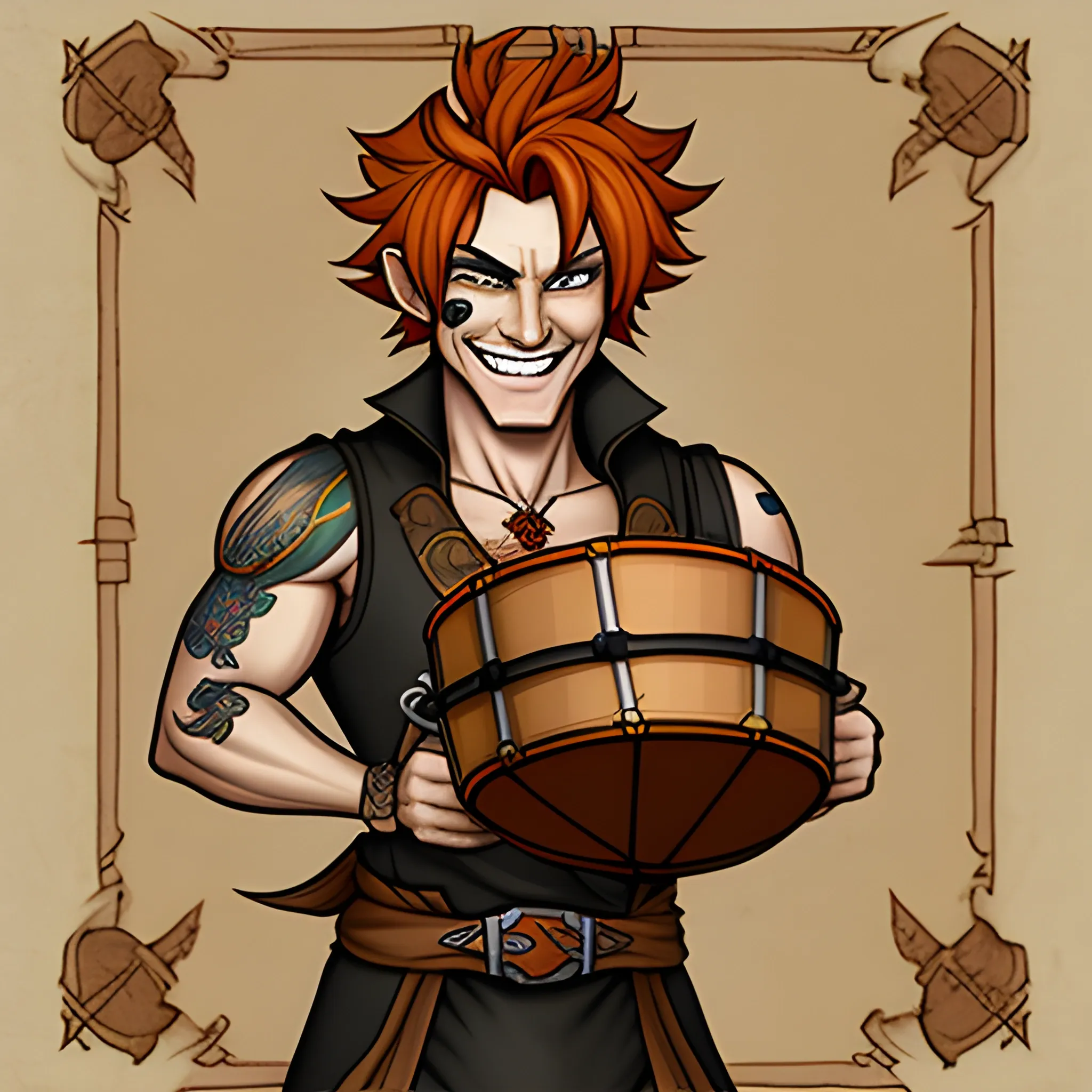 DnD teenage young build male short haired halfling dark orange ginger with a perilla chest treasure map tatoo smiling with a mugshot expression and playing a small drum 