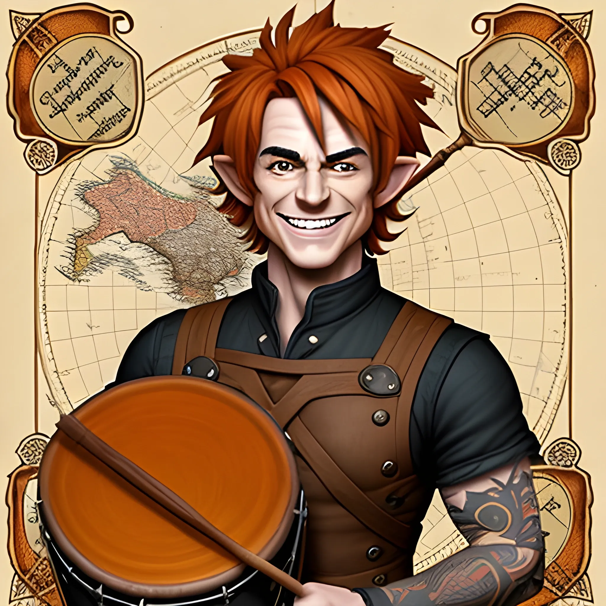 DnD weak young halfling male short haired halfling dark orange ginger with a map tattoo smiling with a mugshot expression and playing a small drum 