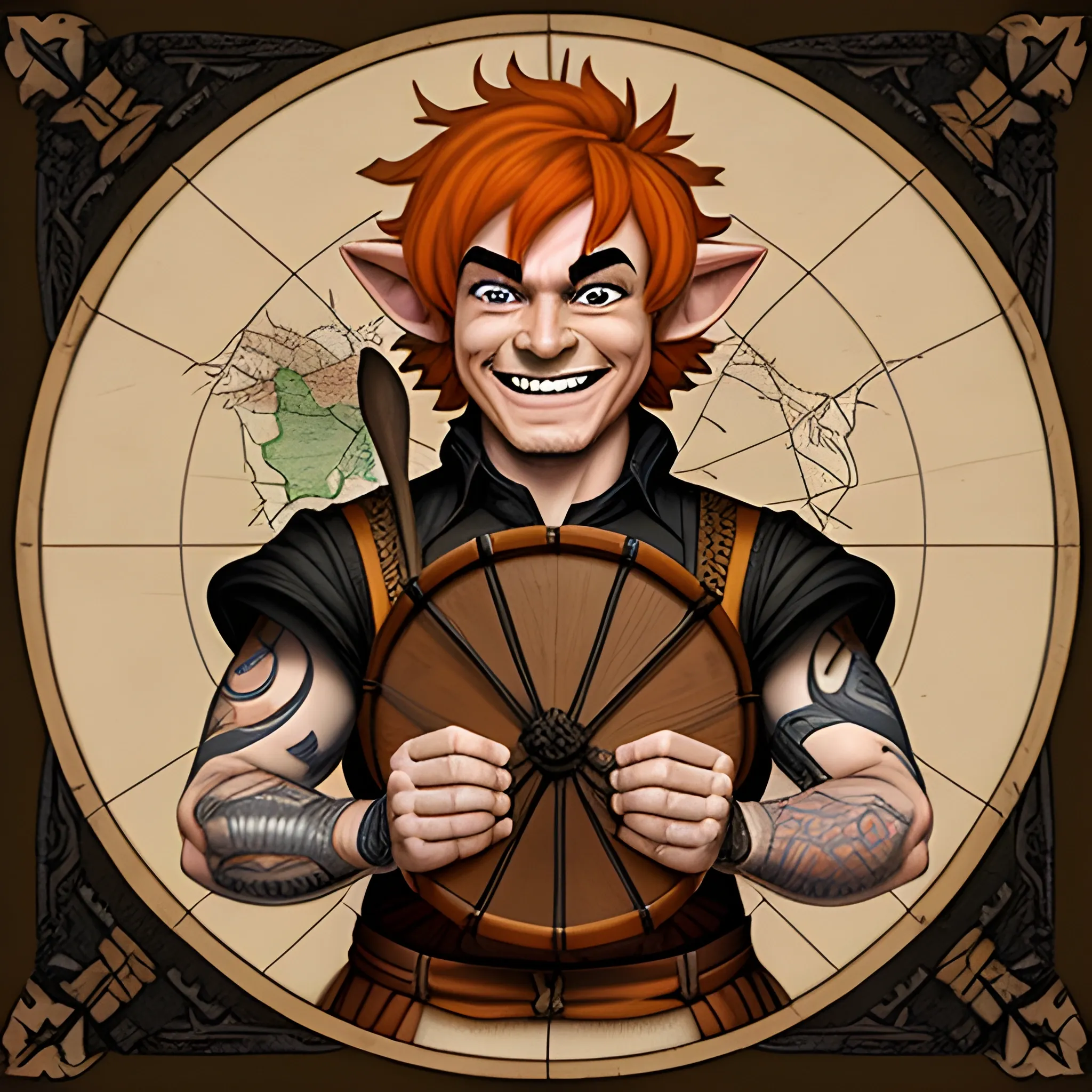 DnD  weak young baby face halfling male short haired halfling dark orange ginger with a map tattoo smiling with a mugshot expression and playing a small drum 