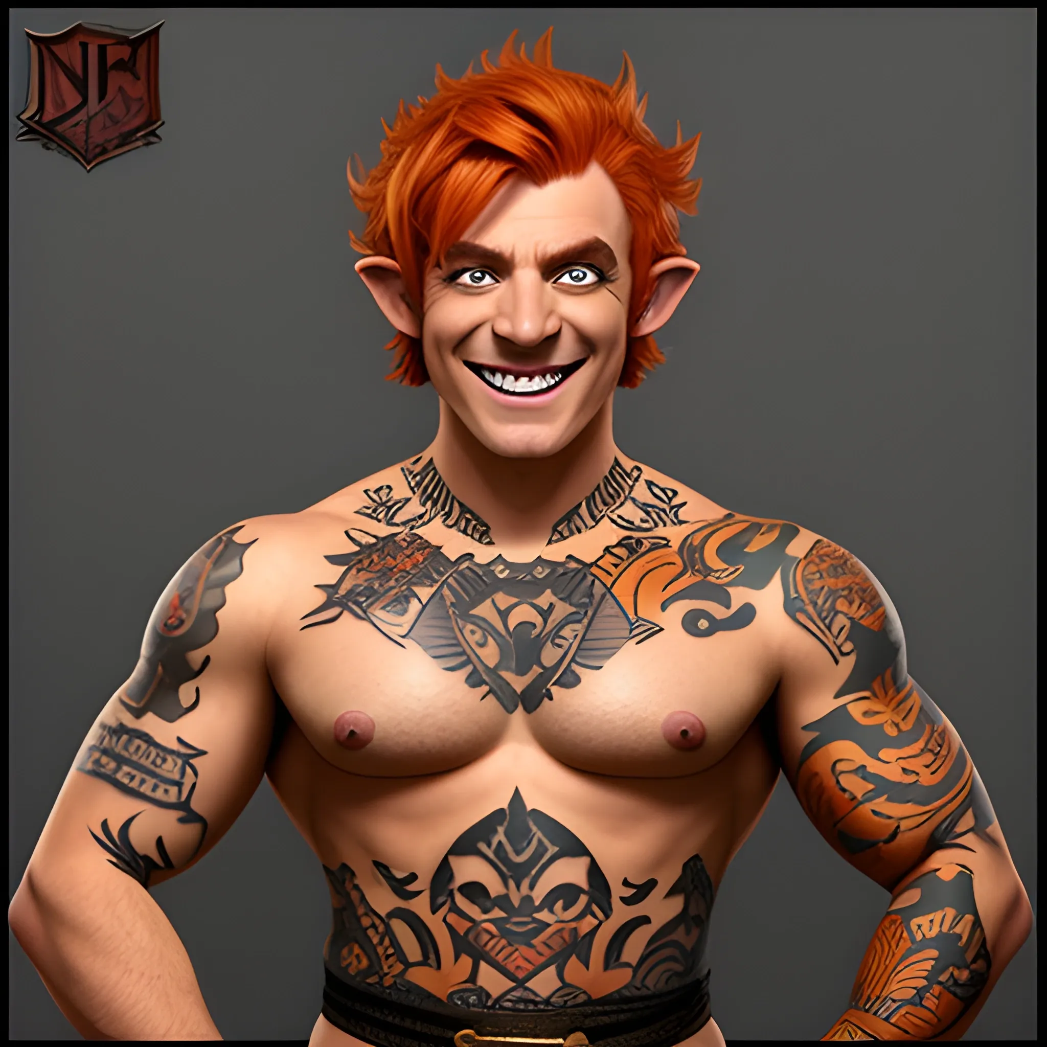 DnD  weak young baby face halfling male short haired halfling dark orange ginger with a tattoo smiling with a mugshot expression and playing a small drum 